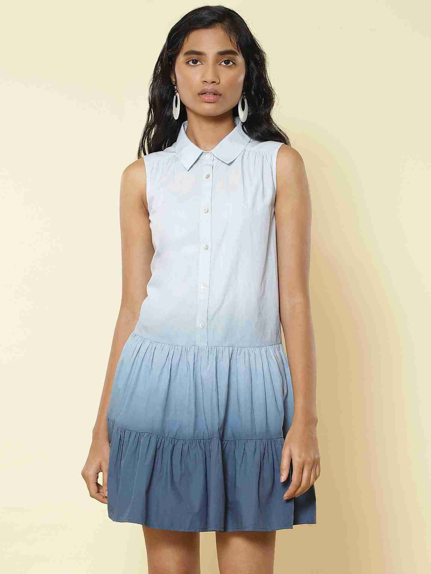 Blue Tiered Sunshine Shirt Dress