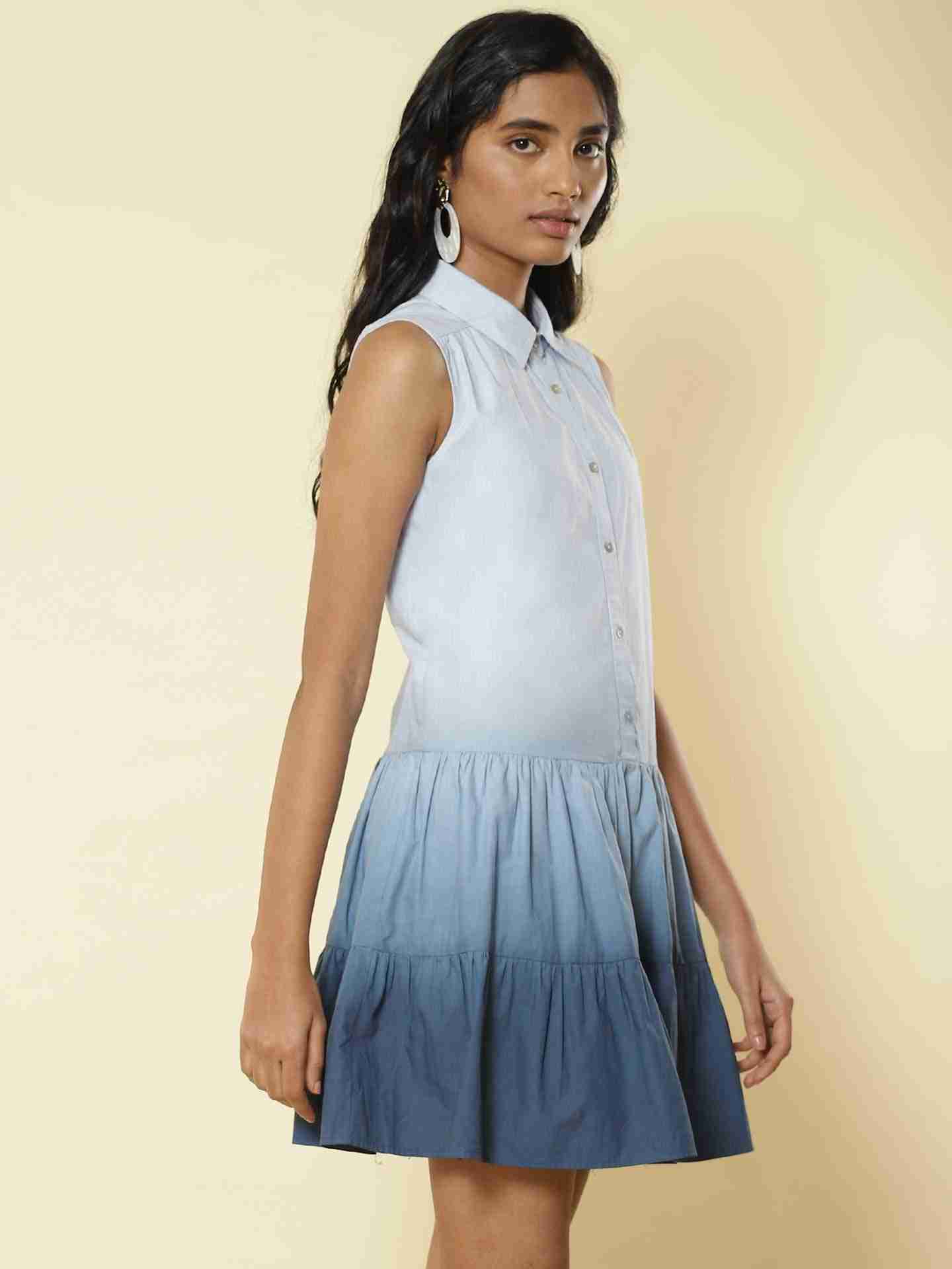 Blue Tiered Sunshine Shirt Dress