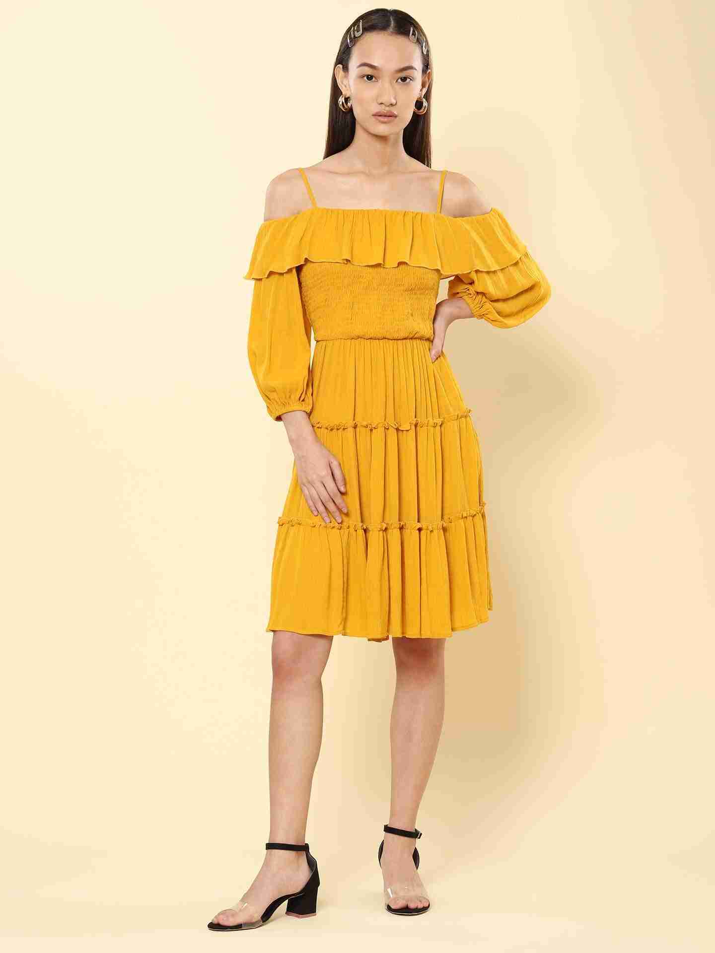 Mustard Fashion Flair Off-The-Shoulder Dress