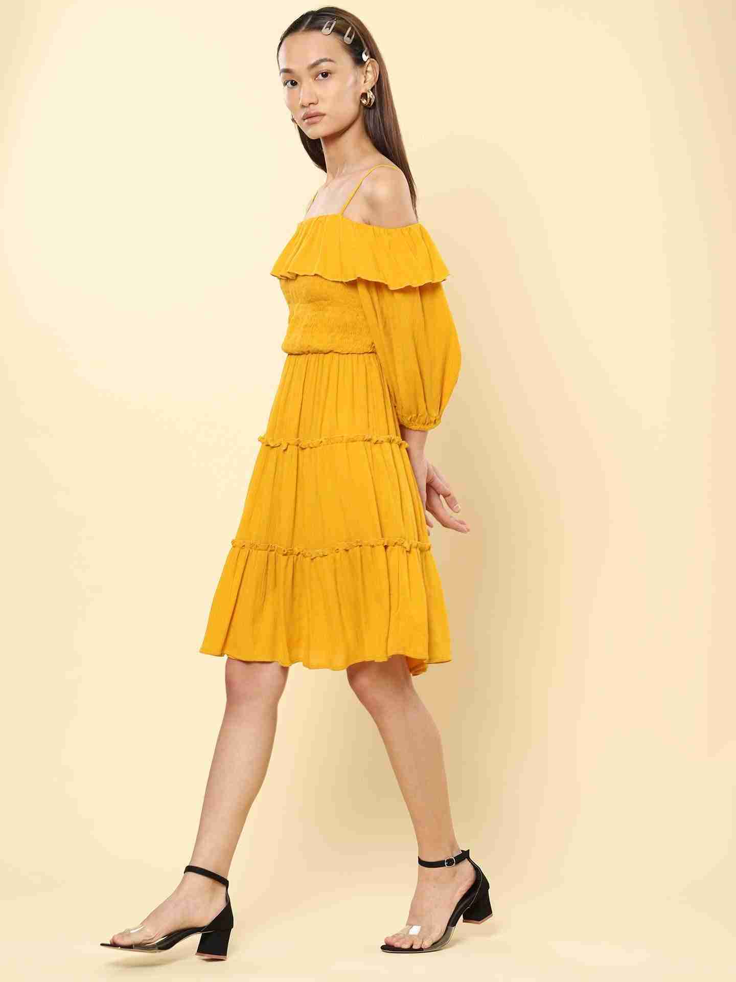 Mustard Fashion Flair Off-The-Shoulder Dress