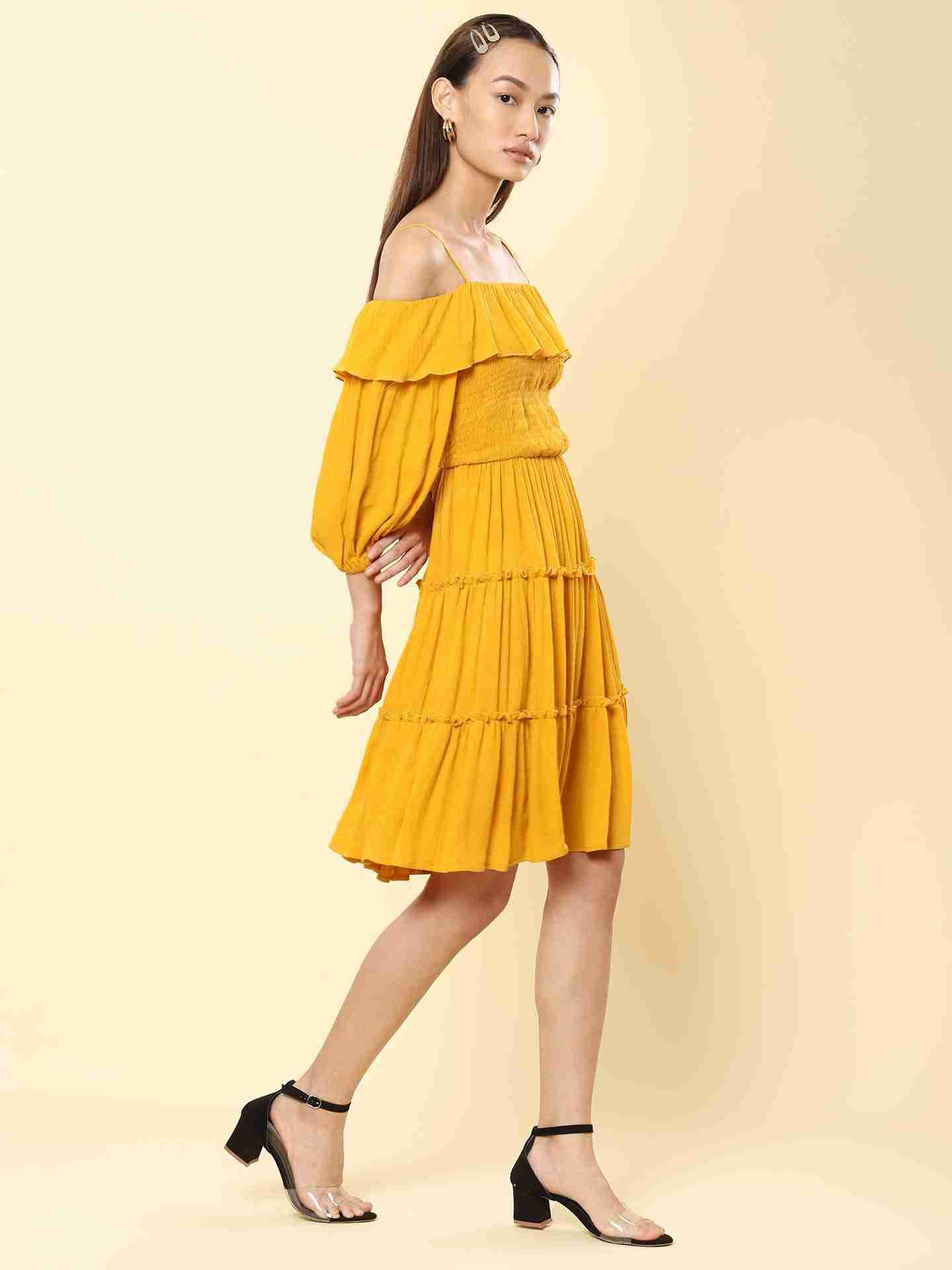 Mustard Fashion Flair Off-The-Shoulder Dress