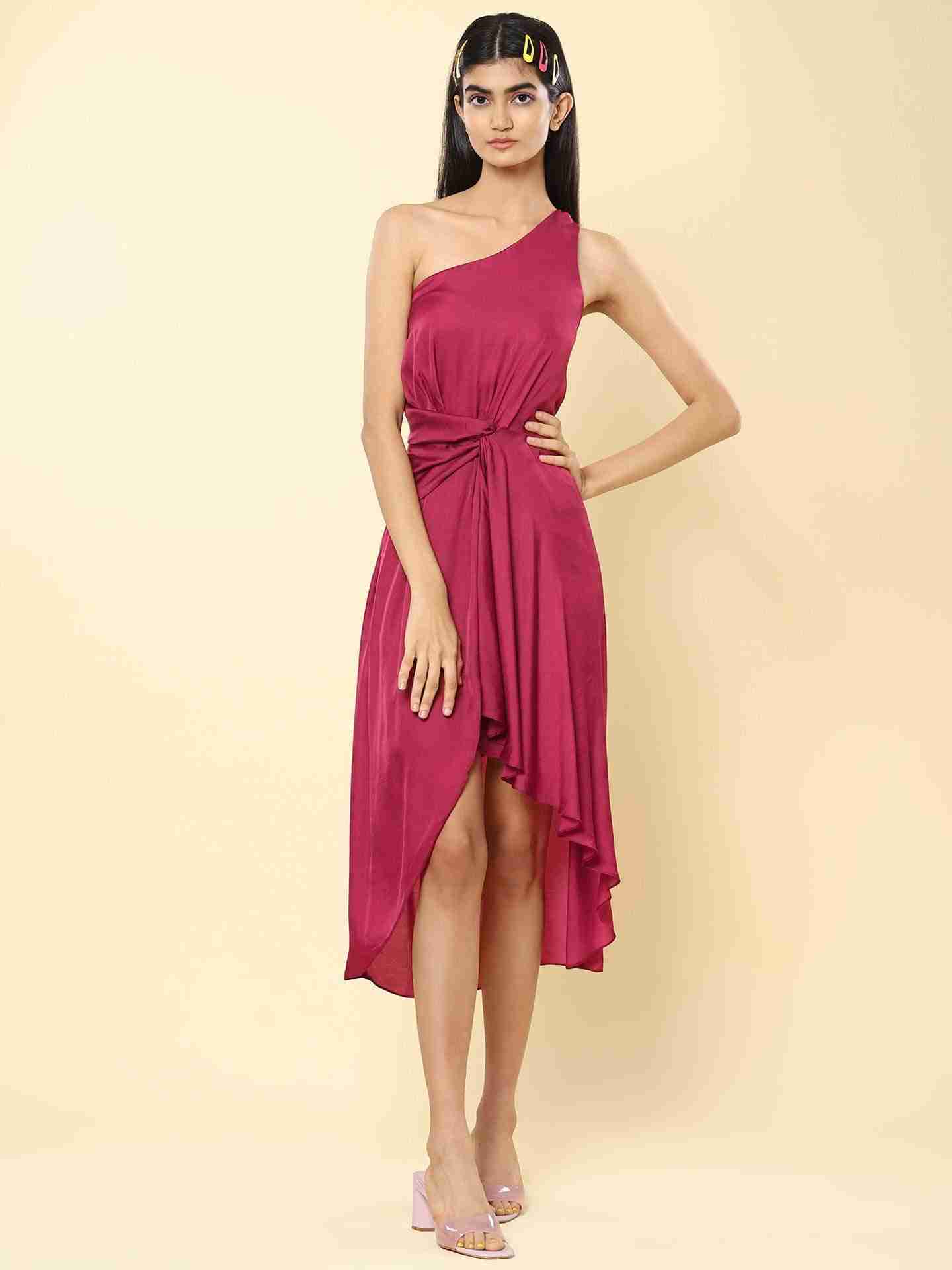 Wine Sophia Satin Off-The-Shoulder Dress