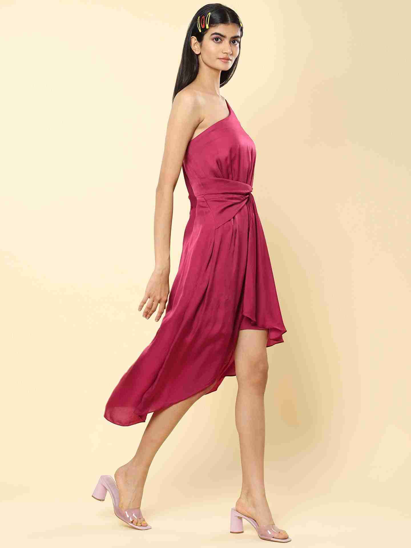 Wine Sophia Satin Off-The-Shoulder Dress