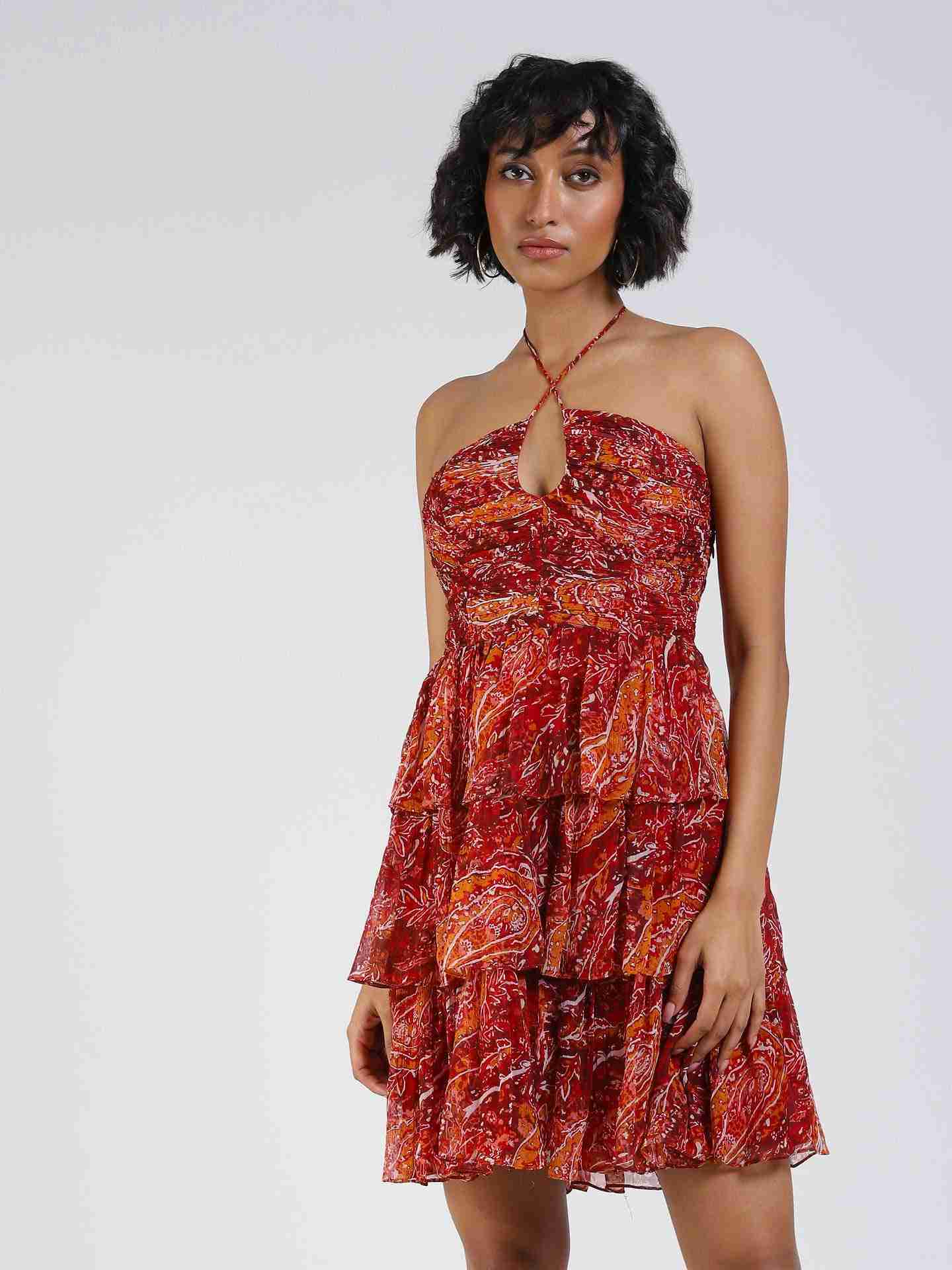 Red Fashion Flair Printed Short Dress