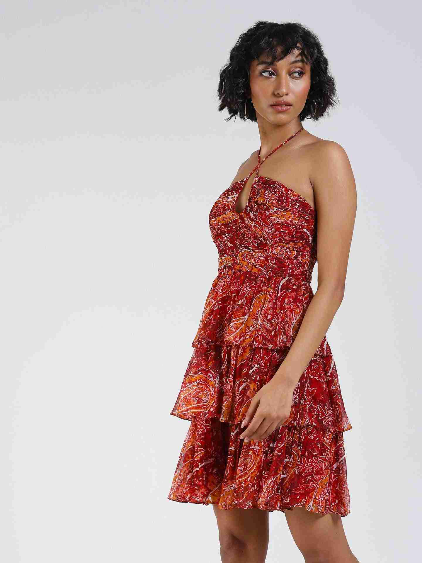Red Fashion Flair Printed Short Dress