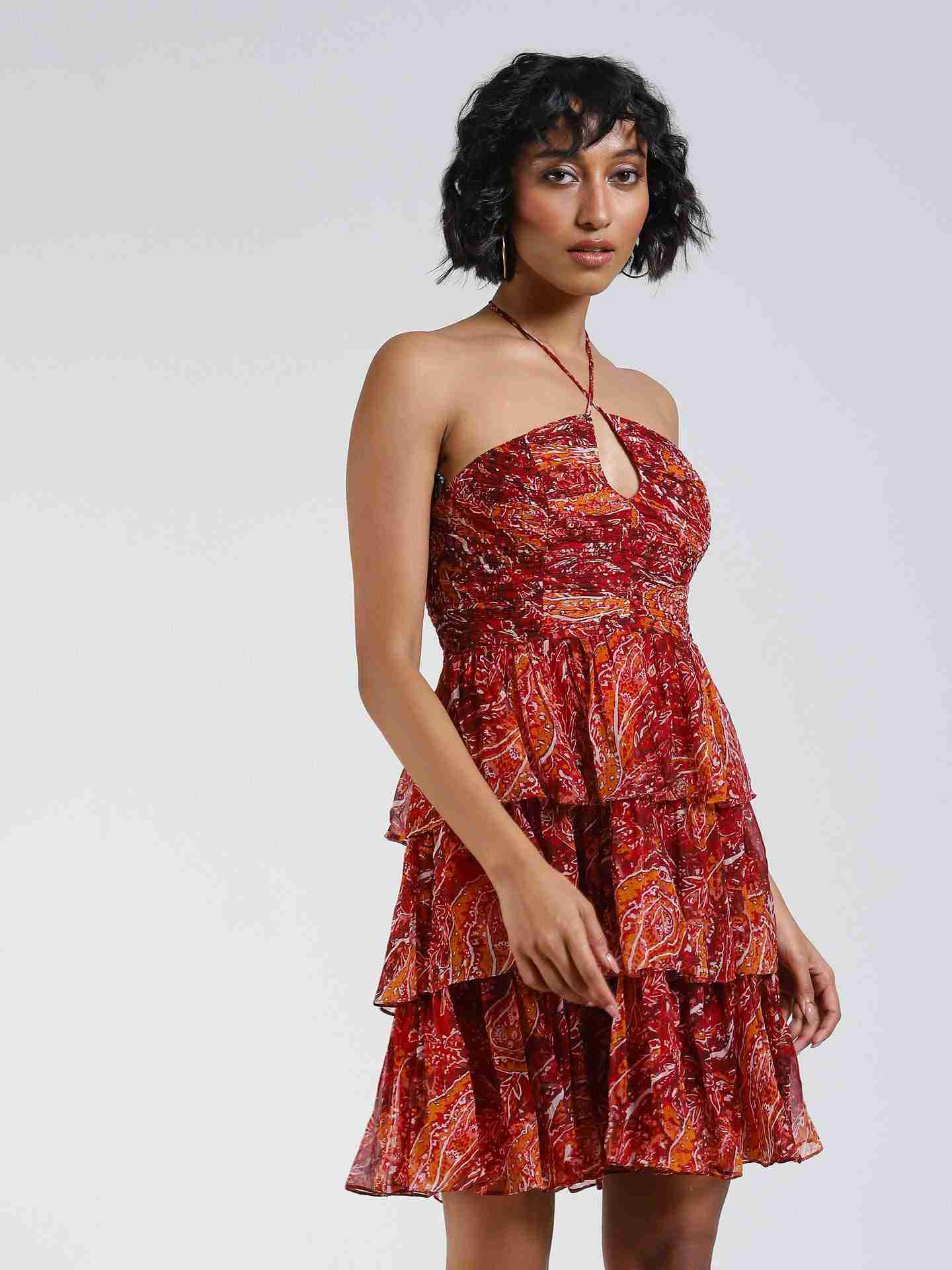 Red Fashion Flair Printed Short Dress