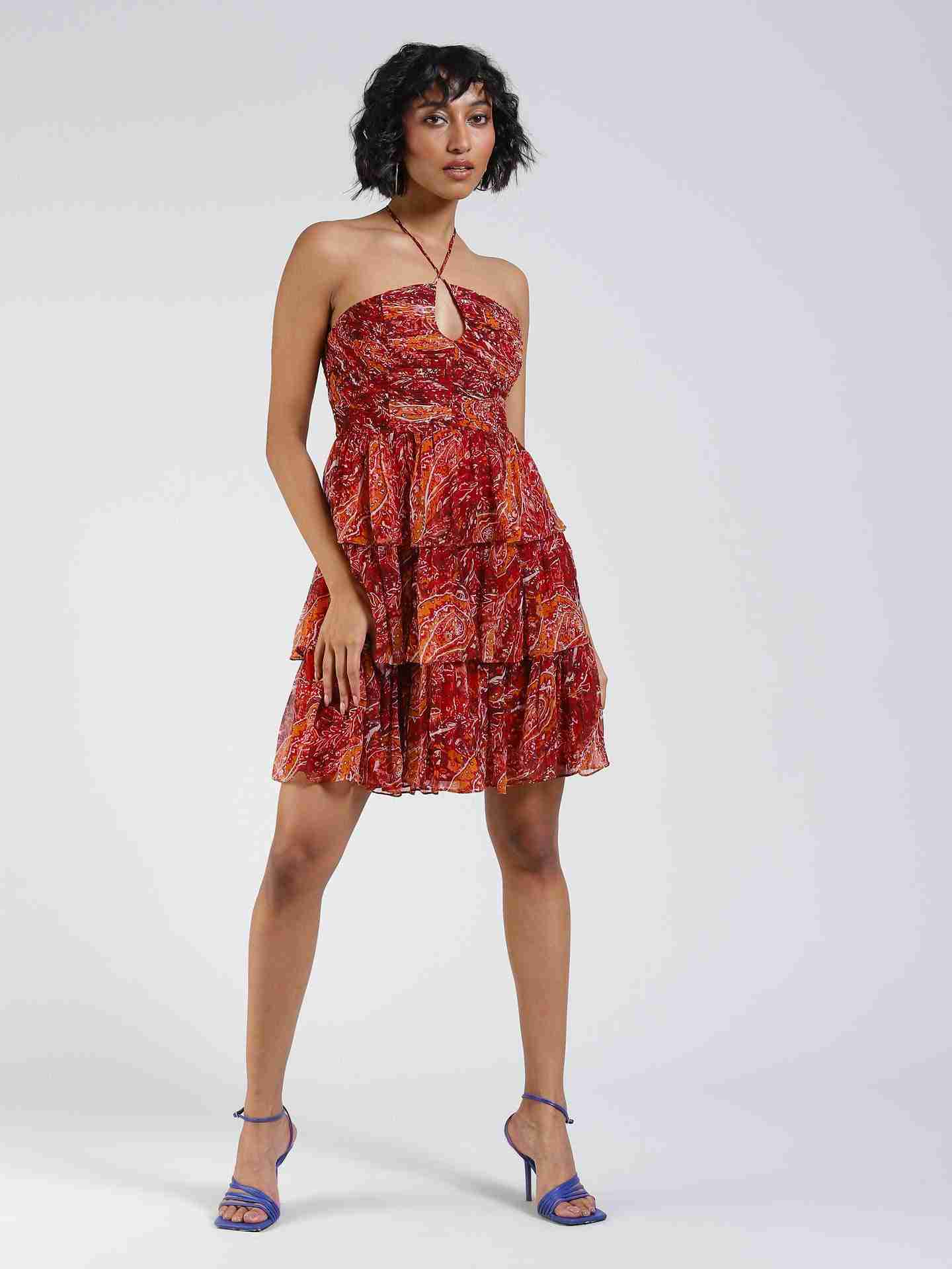 Red Fashion Flair Printed Short Dress