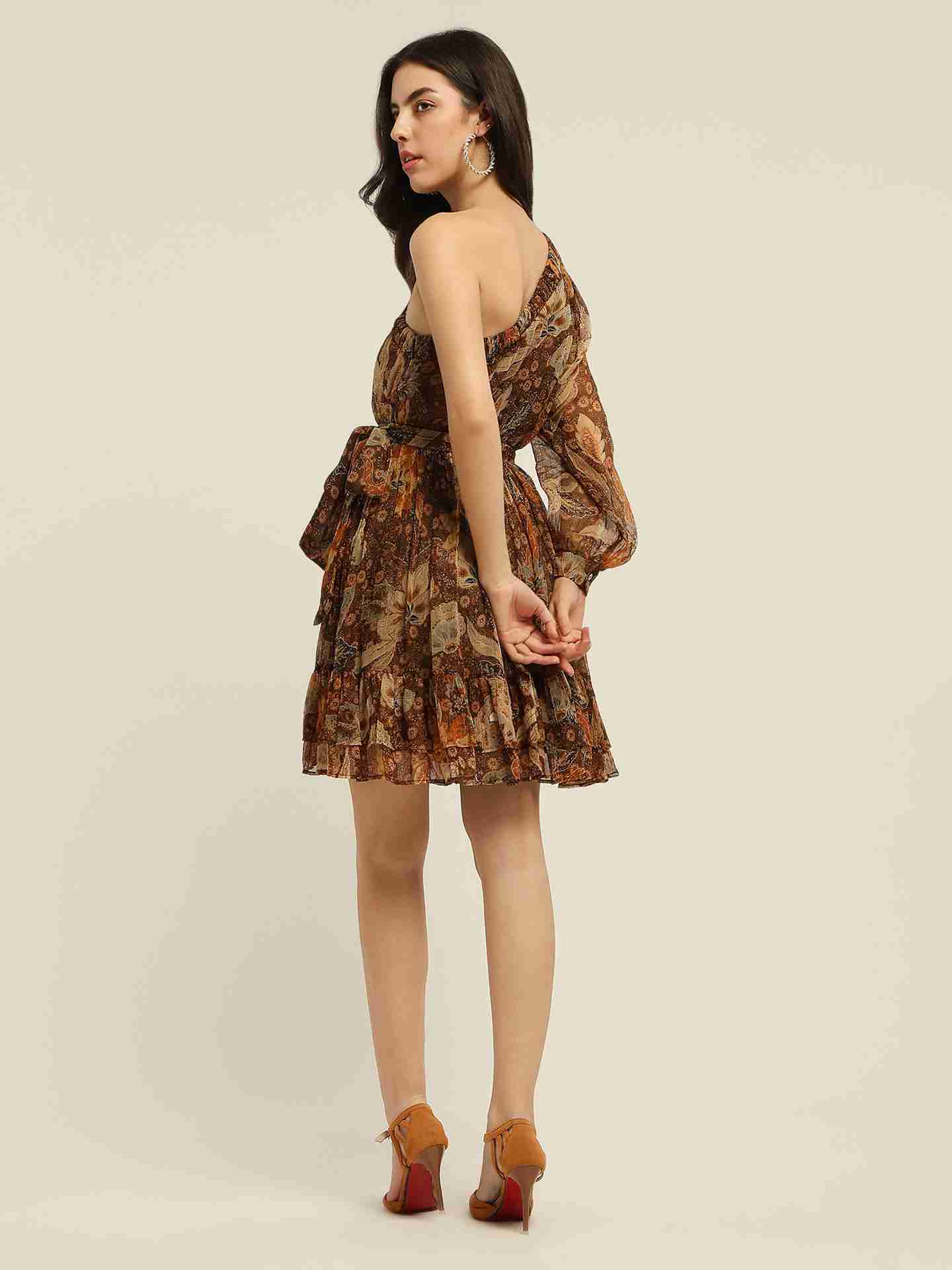 Brown Fashion Flair One Shoulder Dress