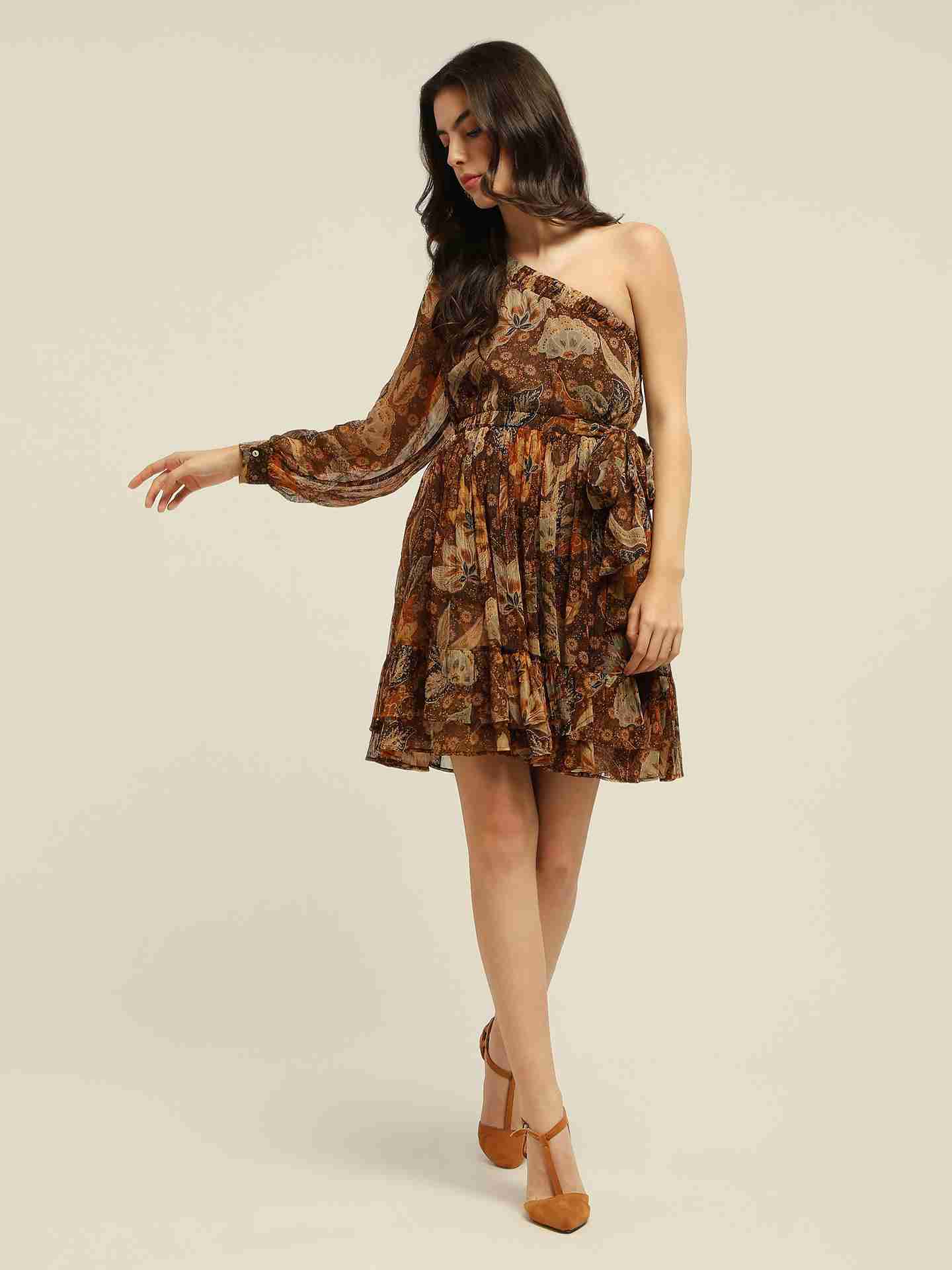 Brown Fashion Flair One Shoulder Dress