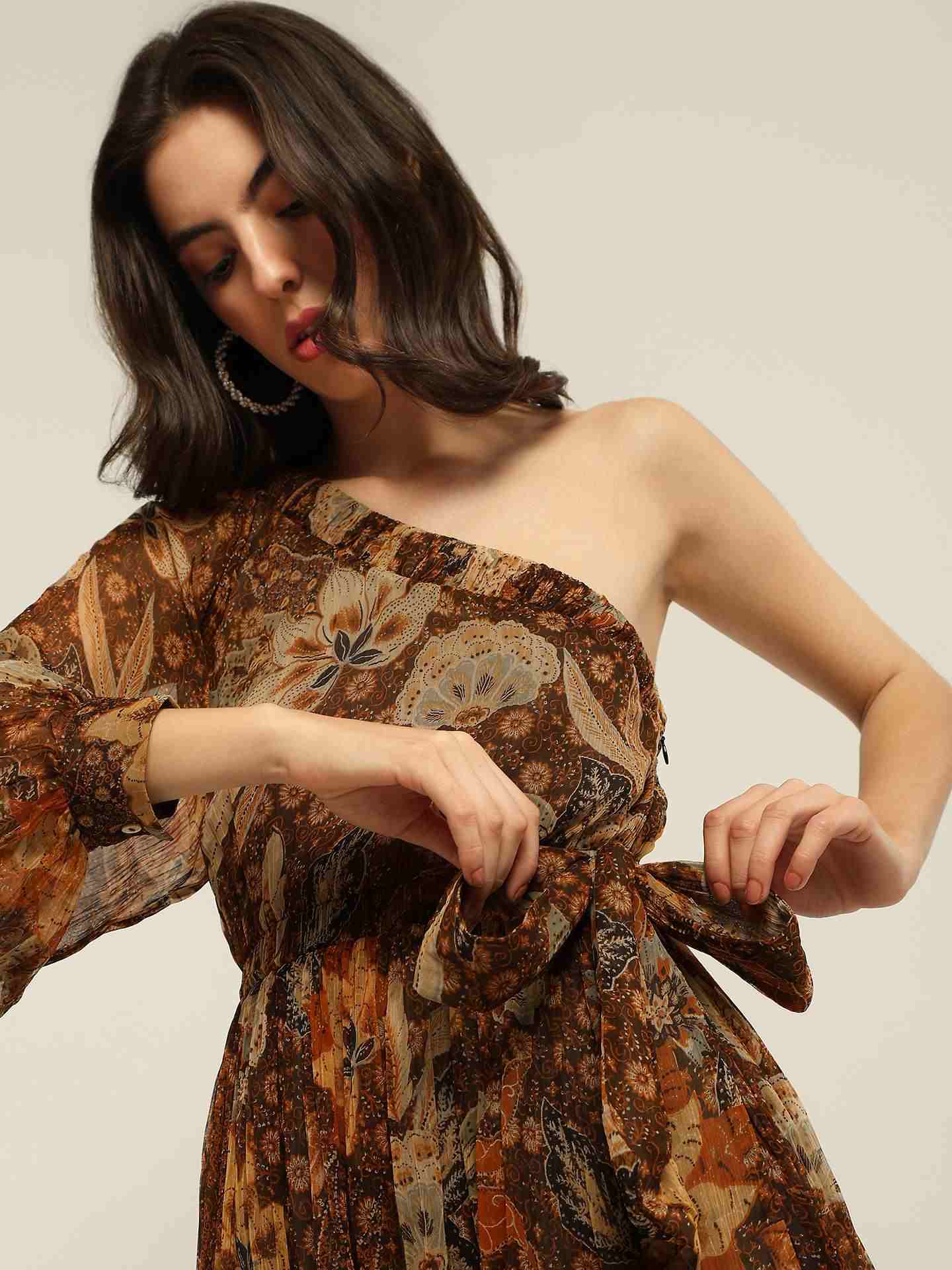 Brown Fashion Flair One Shoulder Dress