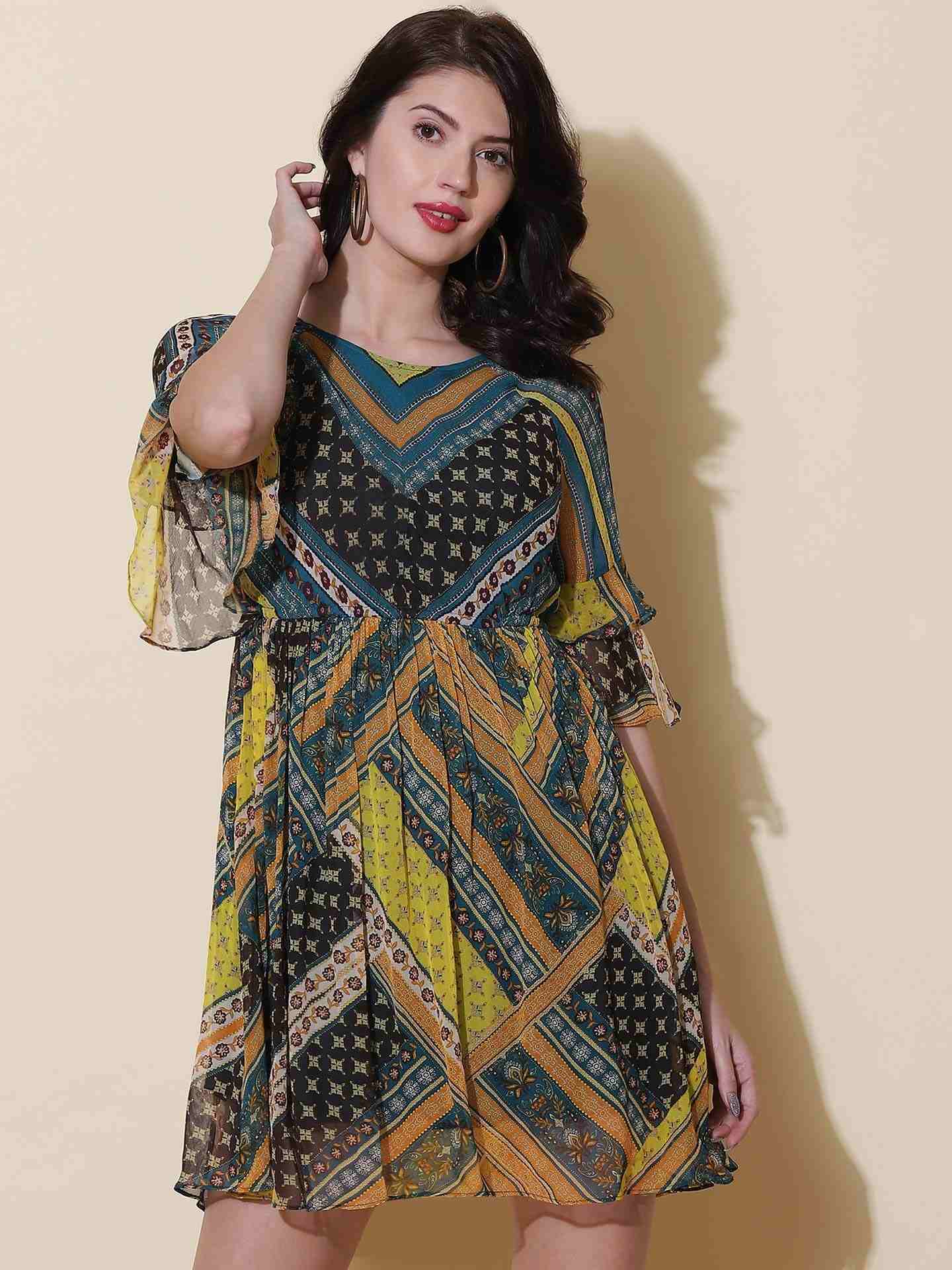 Teal Tribal Patch Skater Dress