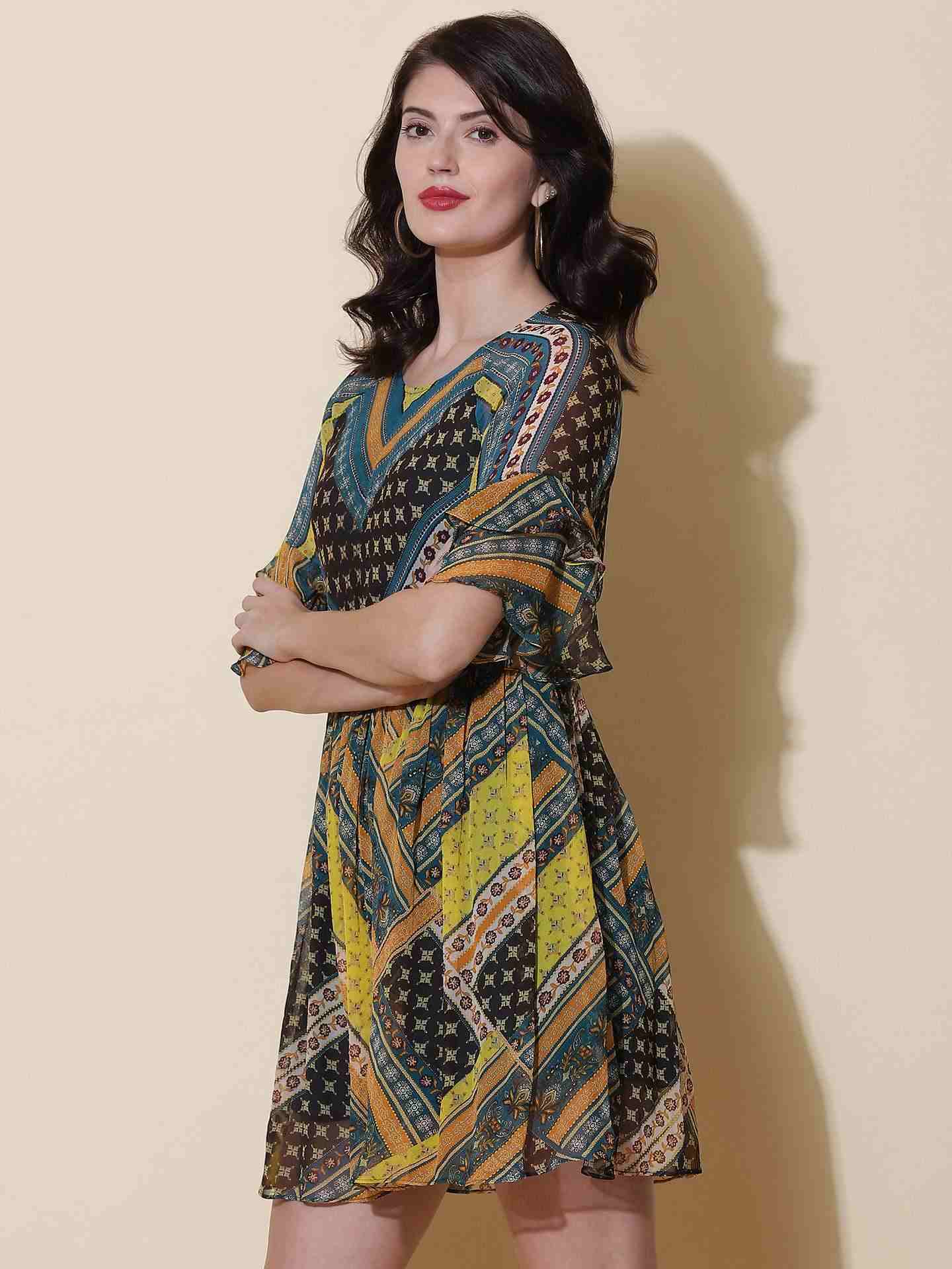 Teal Tribal Patch Skater Dress