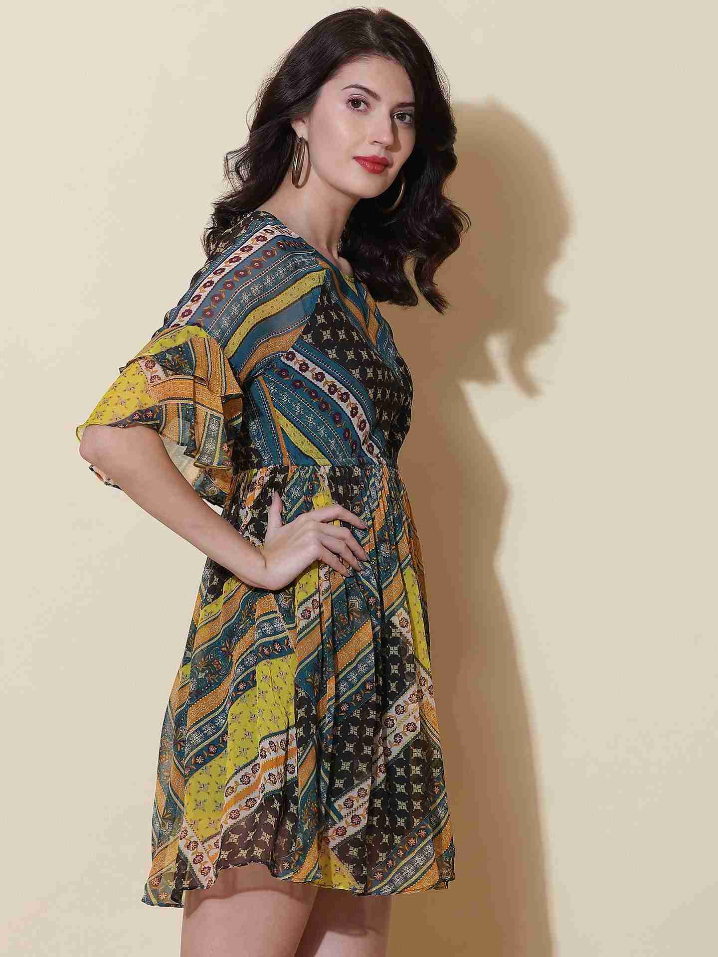 Teal Tribal Patch Skater Dress