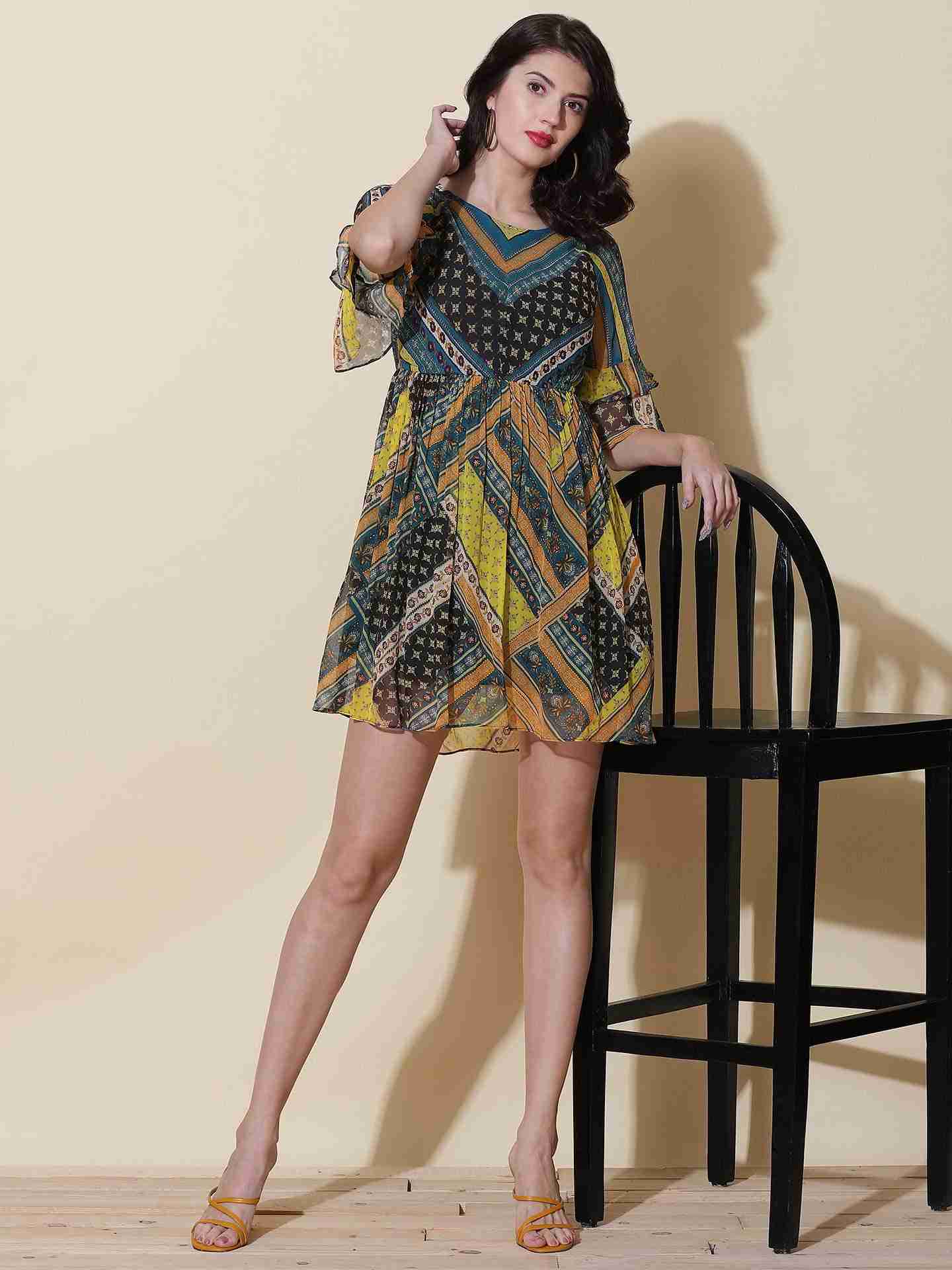 Teal Tribal Patch Skater Dress