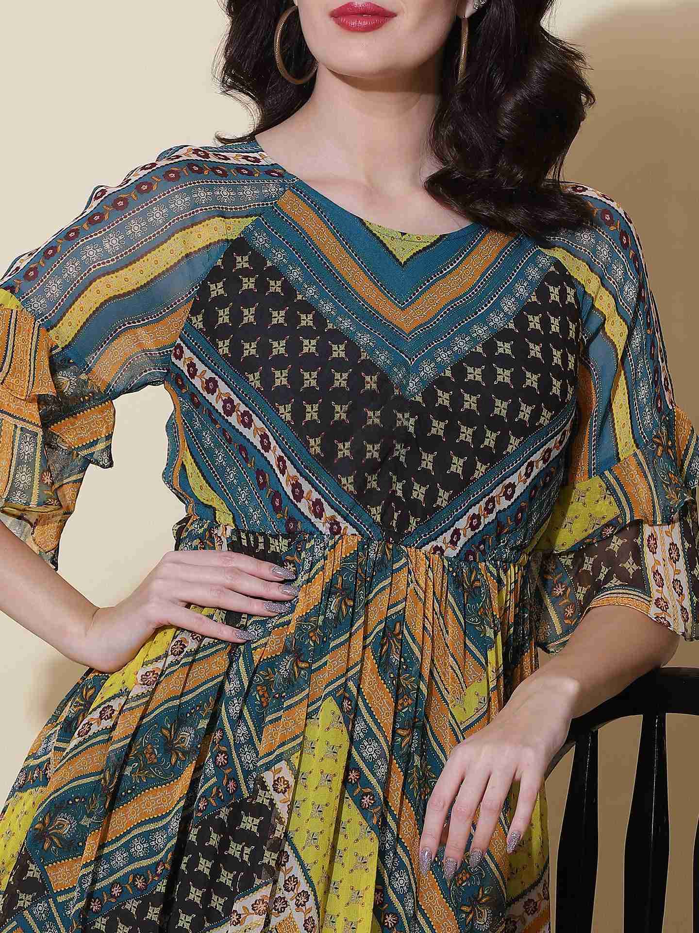 Teal Tribal Patch Skater Dress