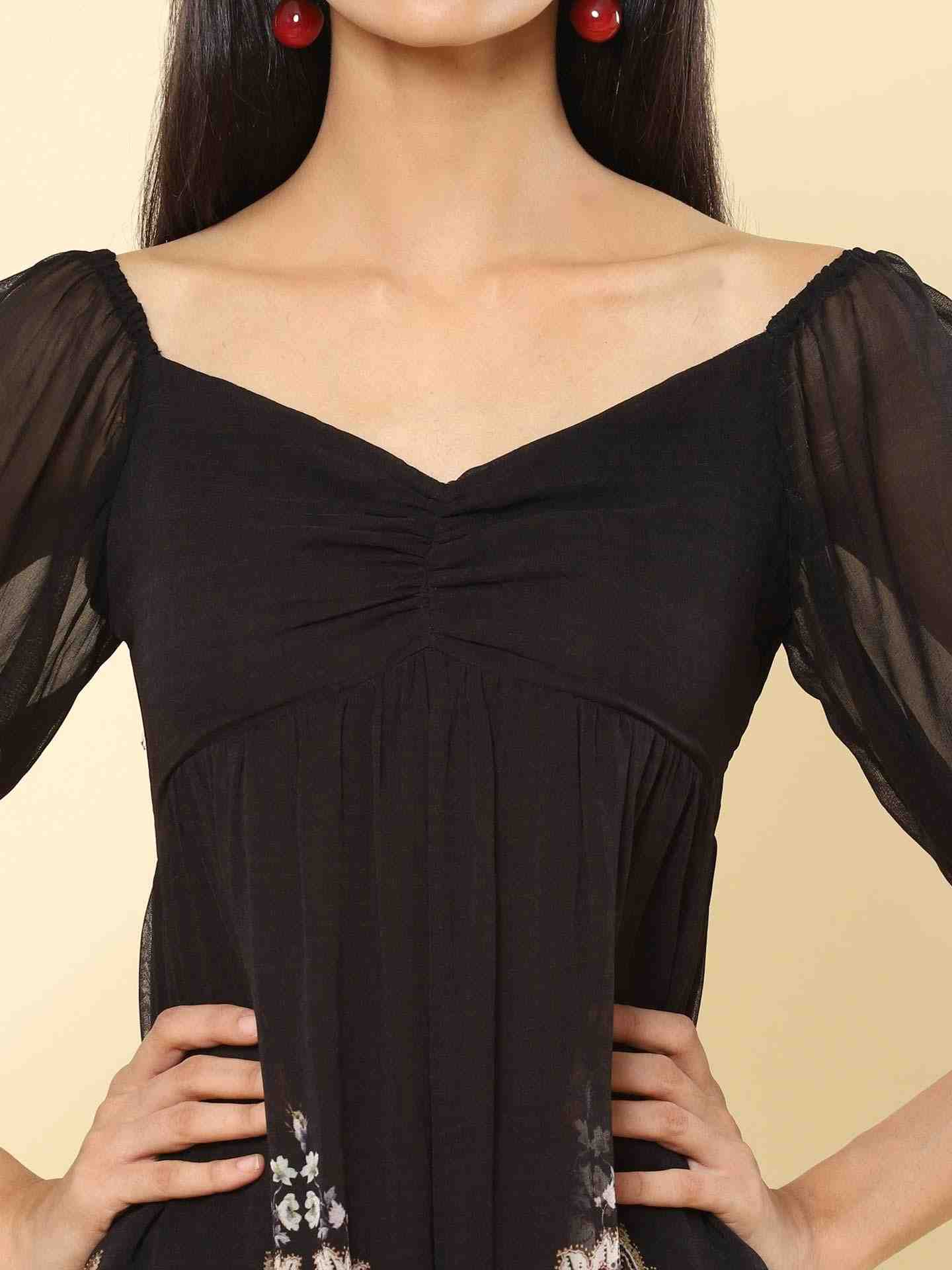 Black Rosette Border Print Dress