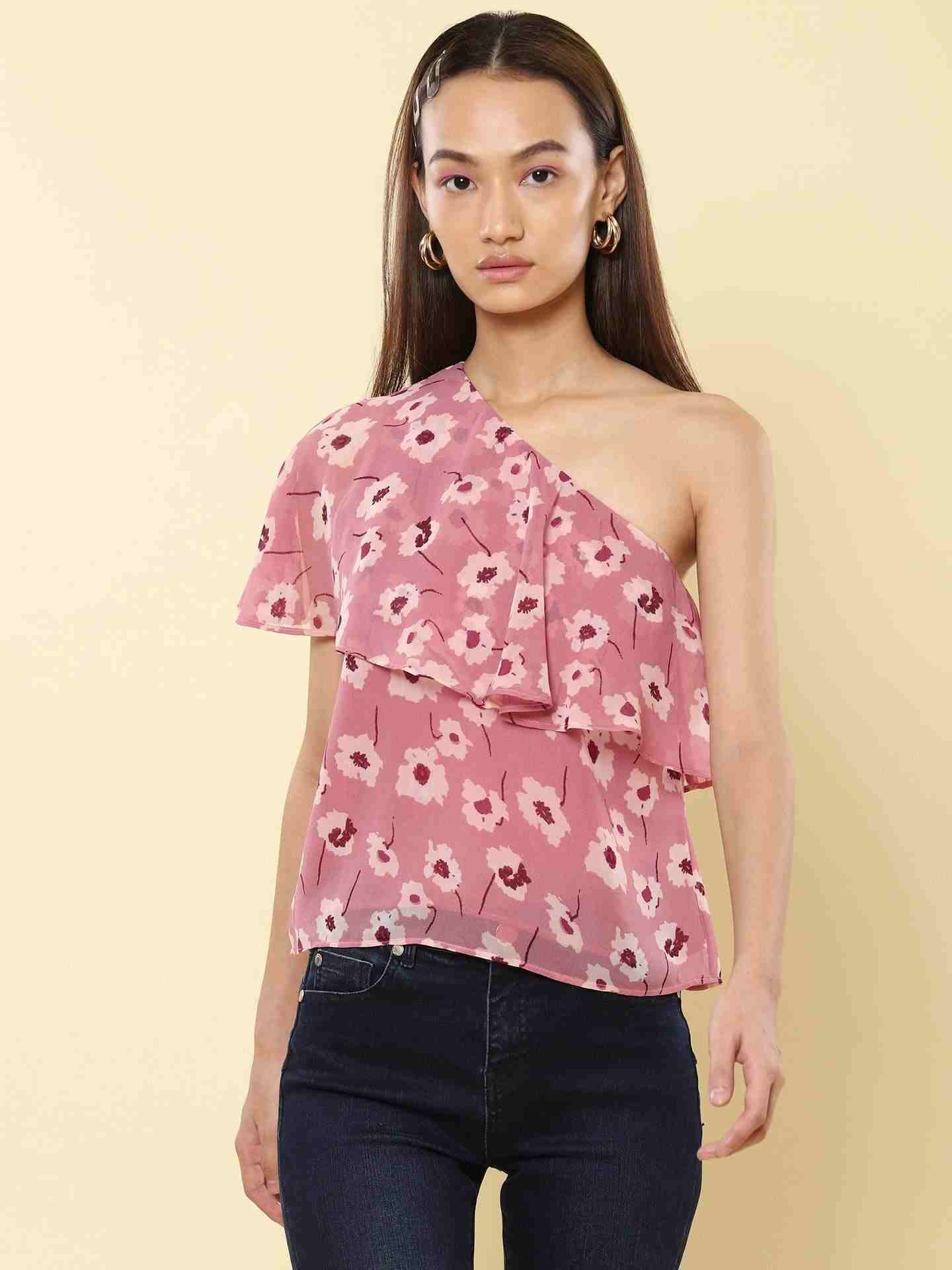 Pink Fashion Flair One-Shoulder Top