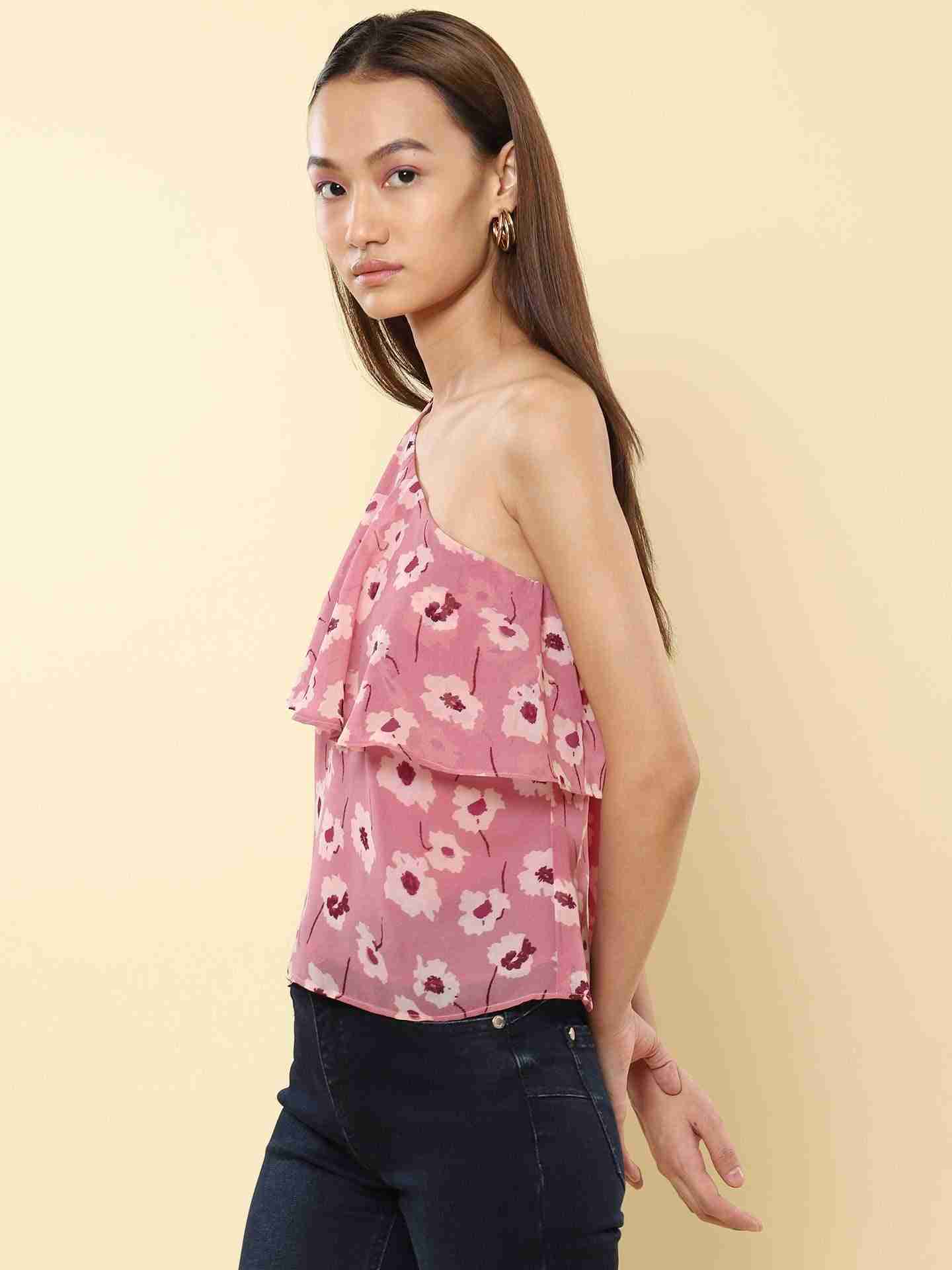 Pink Fashion Flair One-Shoulder Top