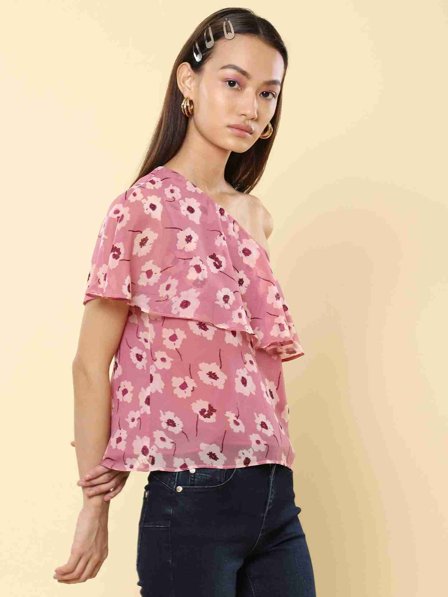 Pink Fashion Flair One-Shoulder Top