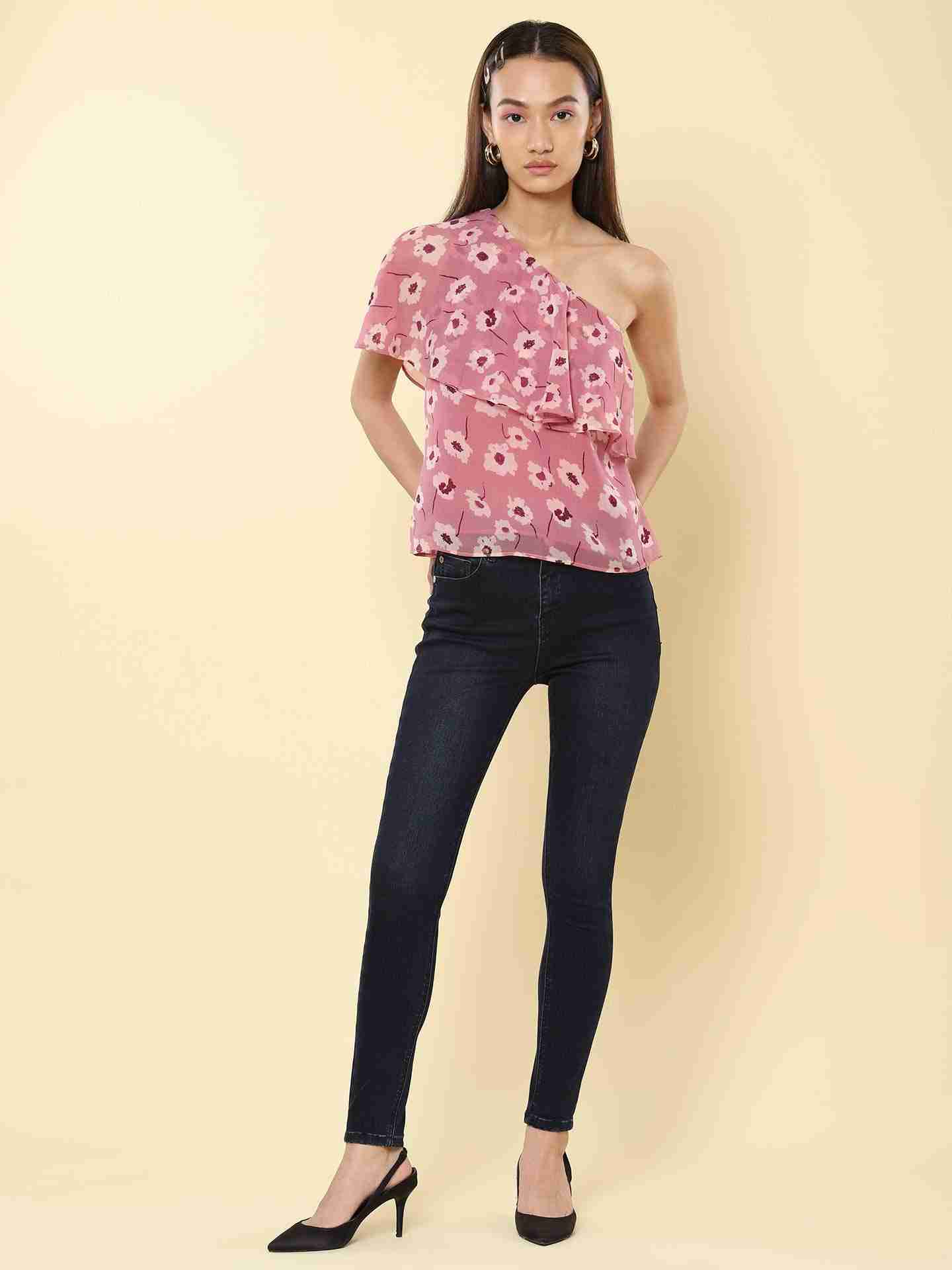 Pink Fashion Flair One-Shoulder Top