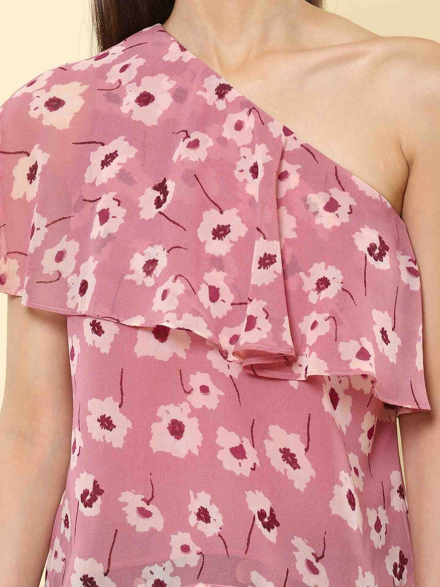 Pink Fashion Flair One-Shoulder Top
