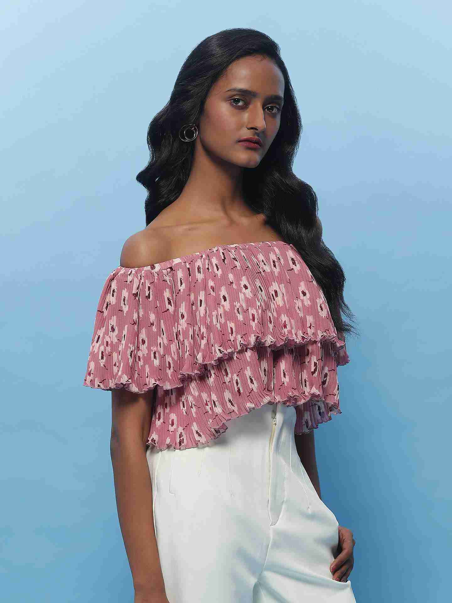 Pink Fashion Flair Floral  Off Shoulder Top