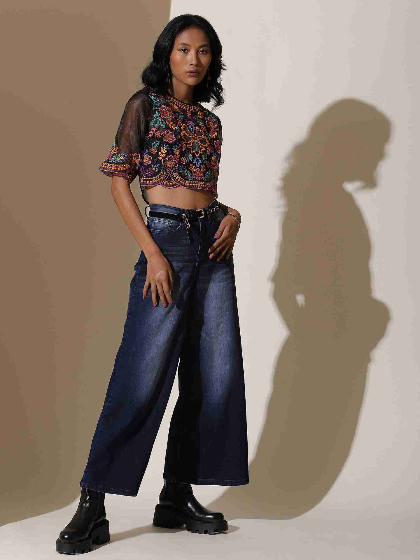 Black Flower Bust Crop Top