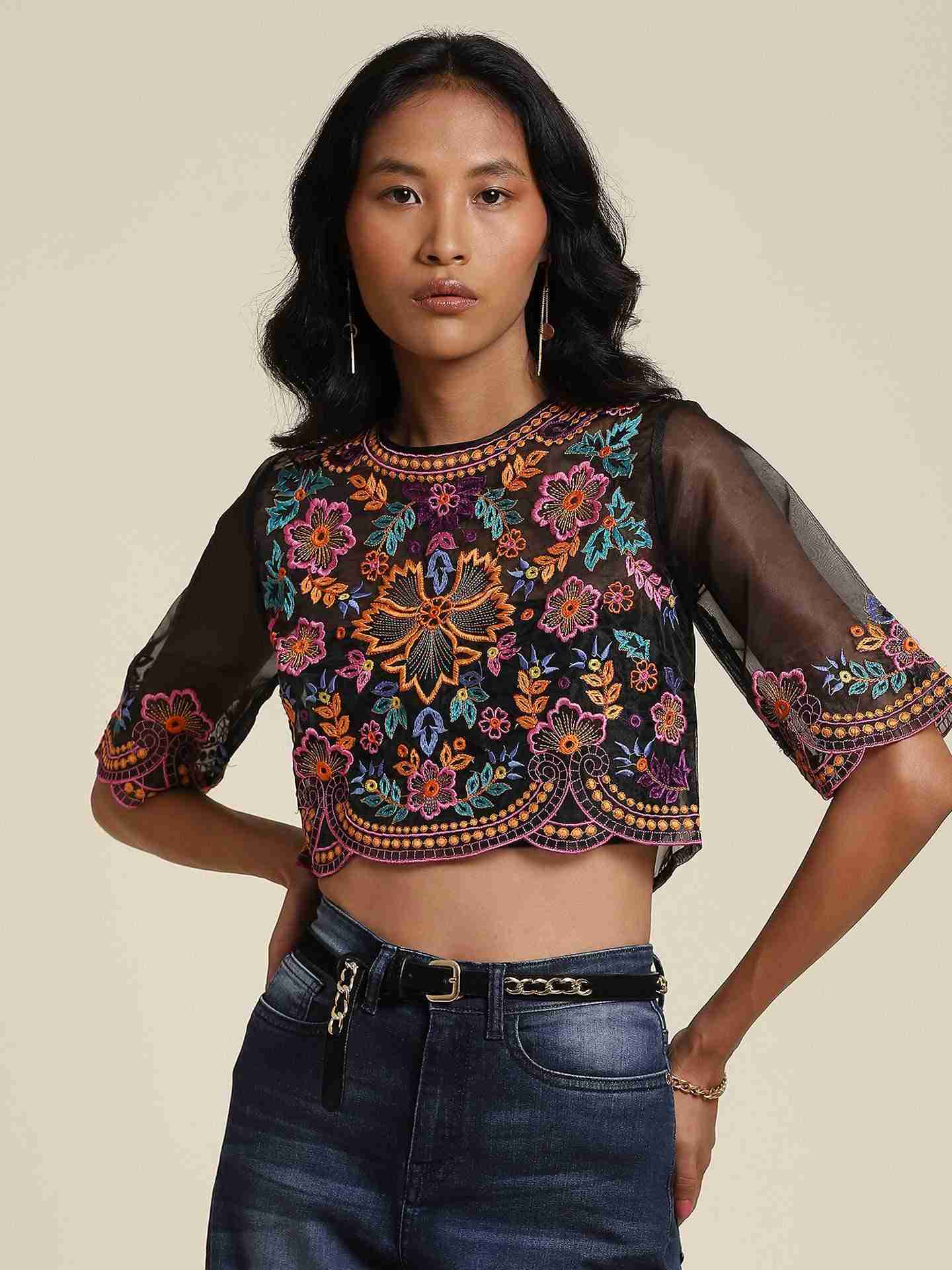 Black Flower Bust Crop Top
