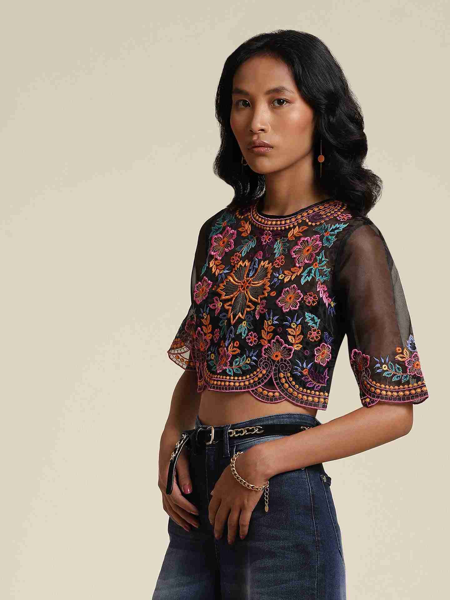 Black Flower Bust Crop Top