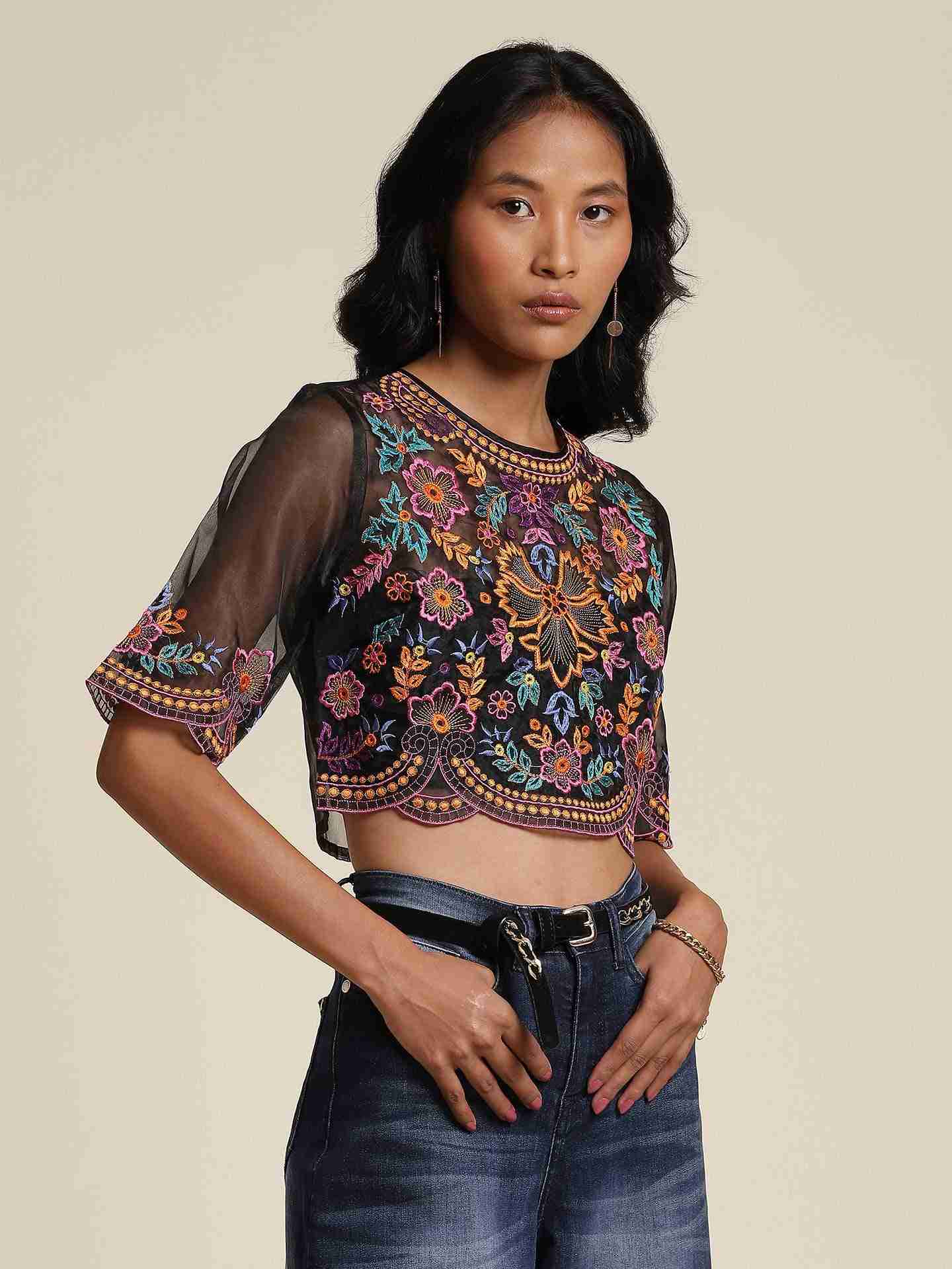 Black Flower Bust Crop Top