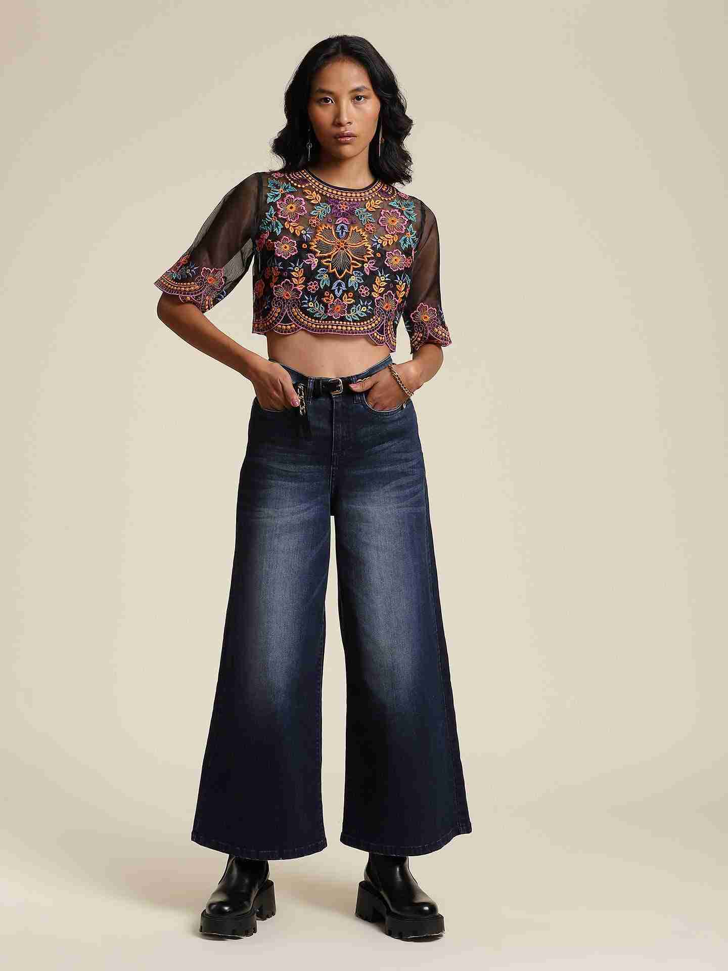 Black Flower Bust Crop Top