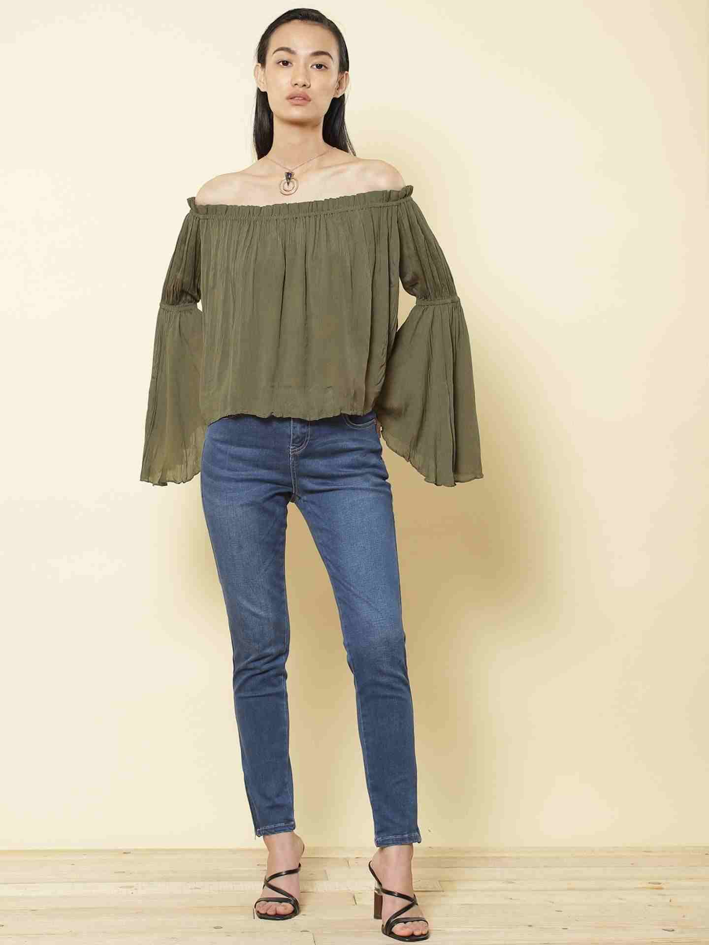 Olive Fashion Flair Peasant Top