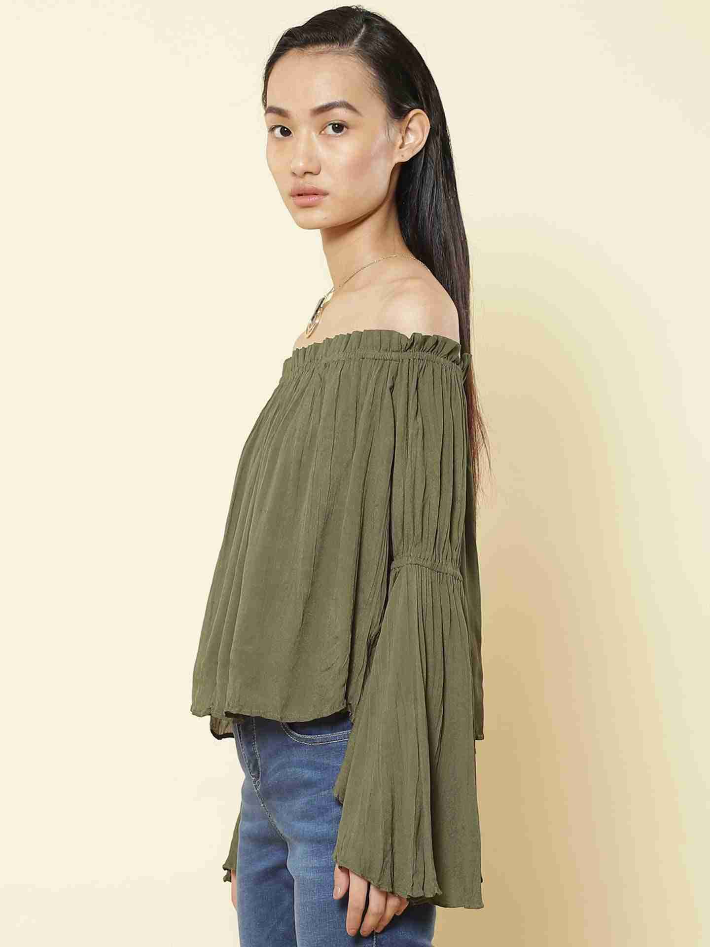 Olive Fashion Flair Peasant Top