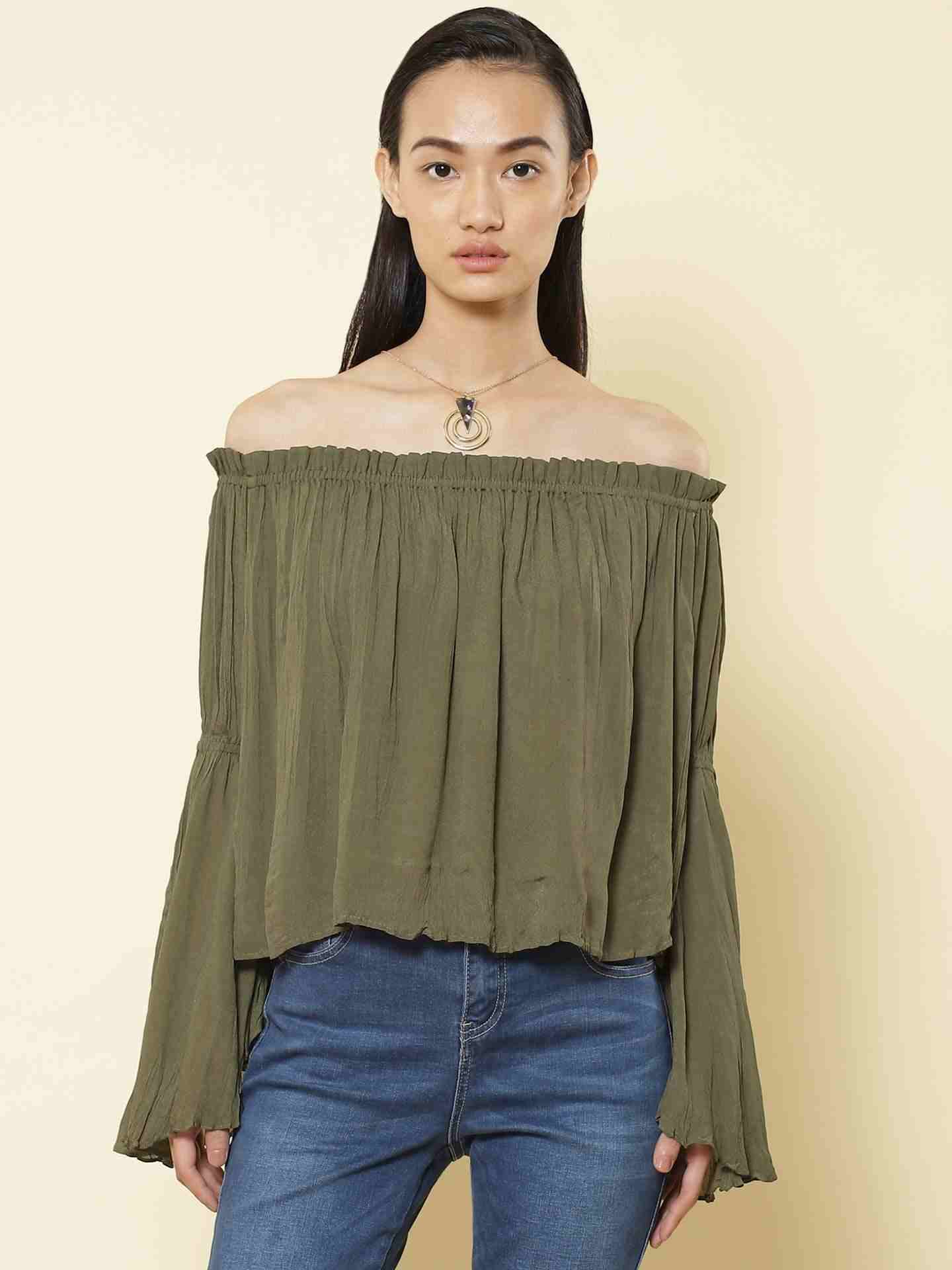 Olive Fashion Flair Peasant Top