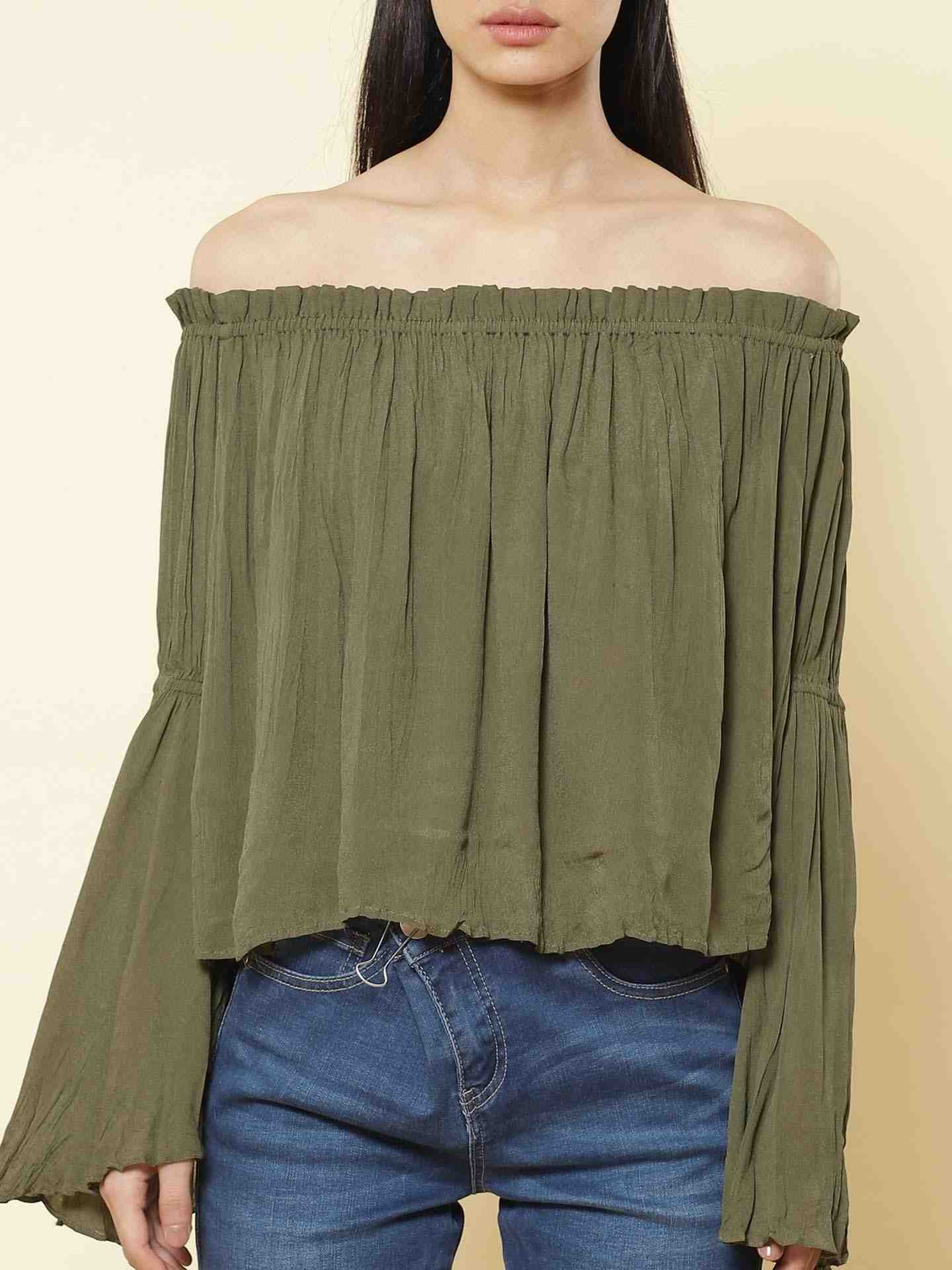 Olive Fashion Flair Peasant Top
