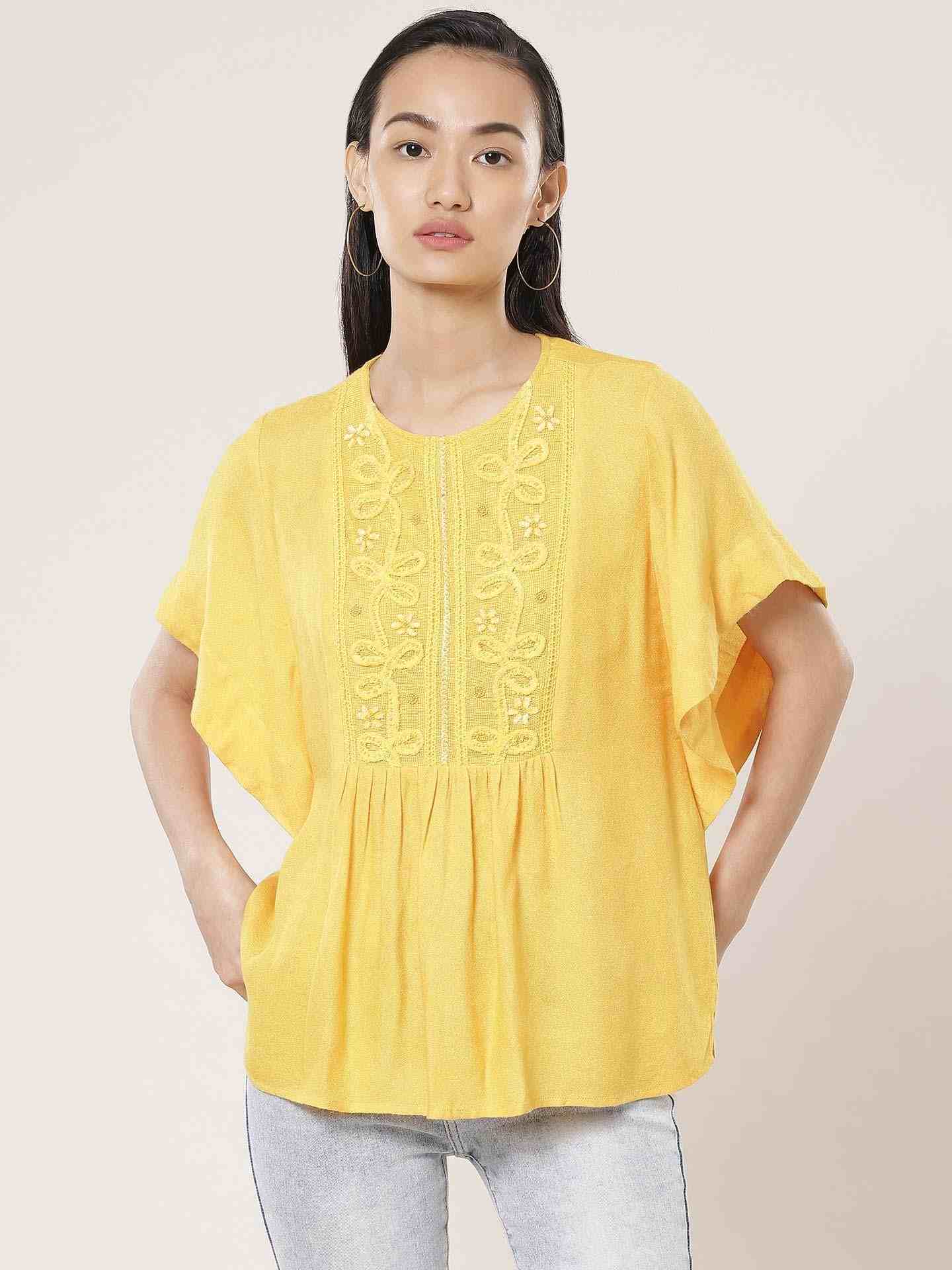 Mustard Linear Embroidery Kaftan Top