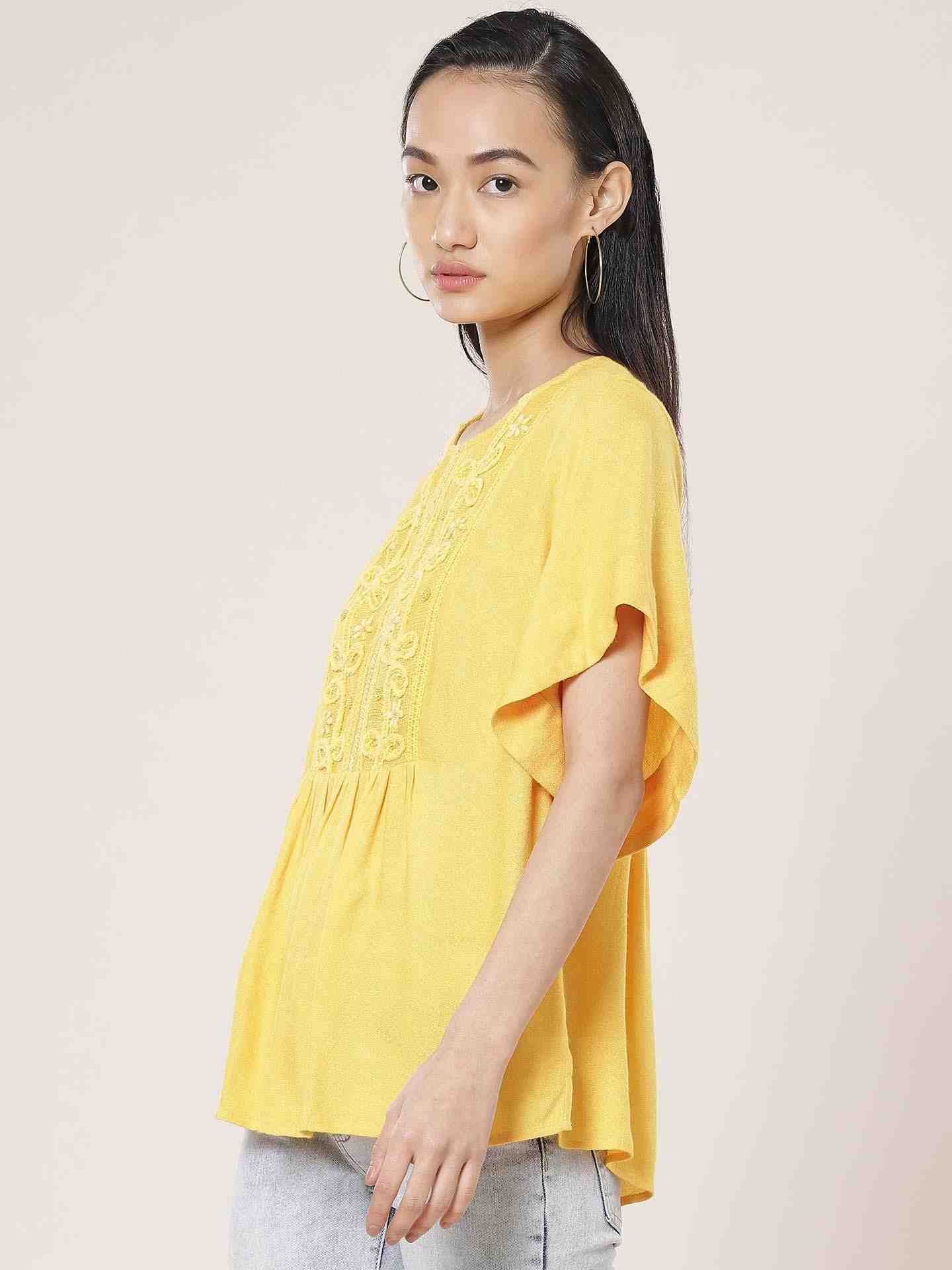 Mustard Linear Embroidery Kaftan Top