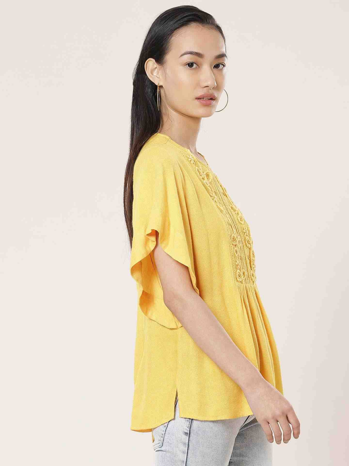 Mustard Linear Embroidery Kaftan Top