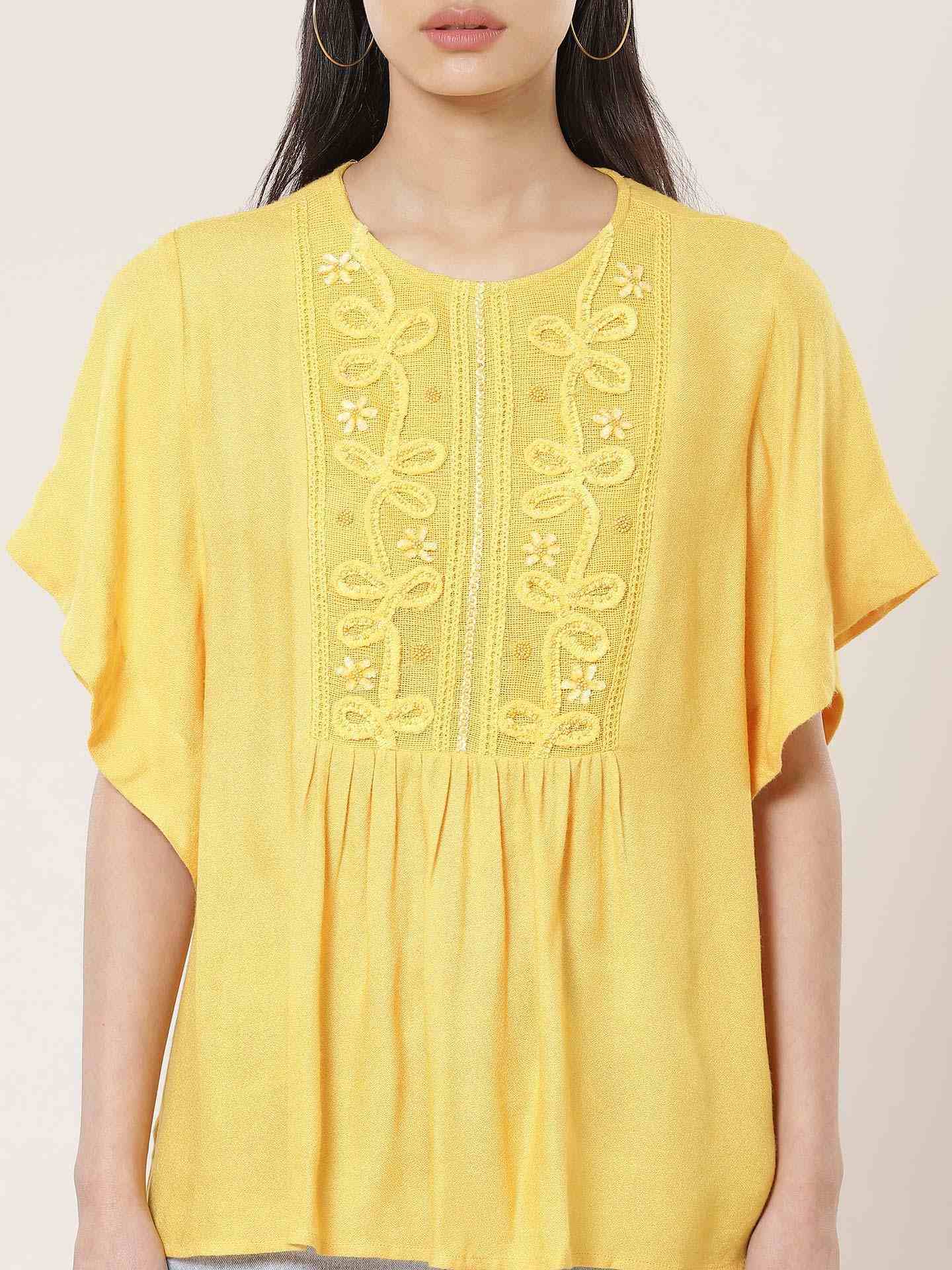 Mustard Linear Embroidery Kaftan Top