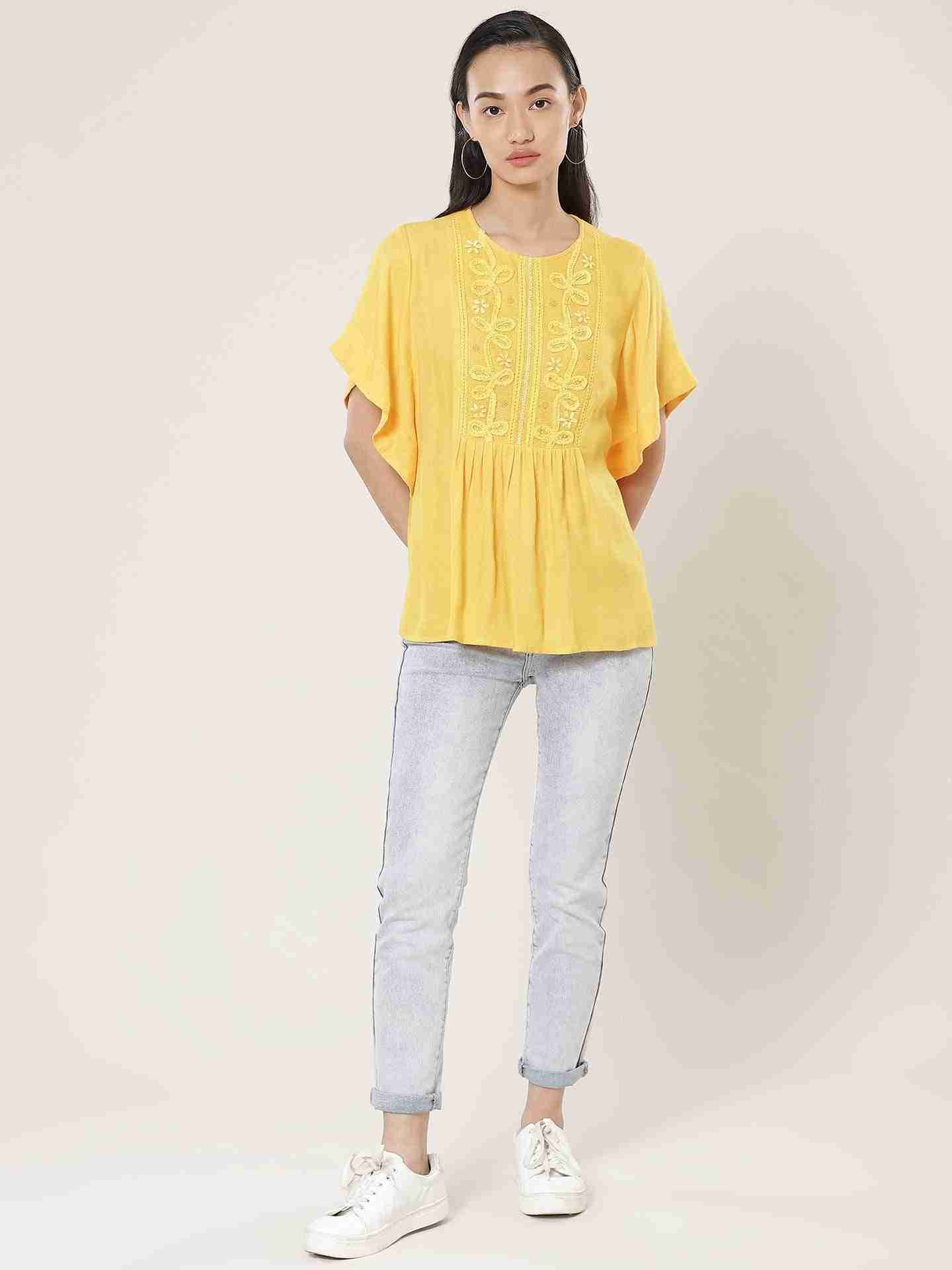 Mustard Linear Embroidery Kaftan Top