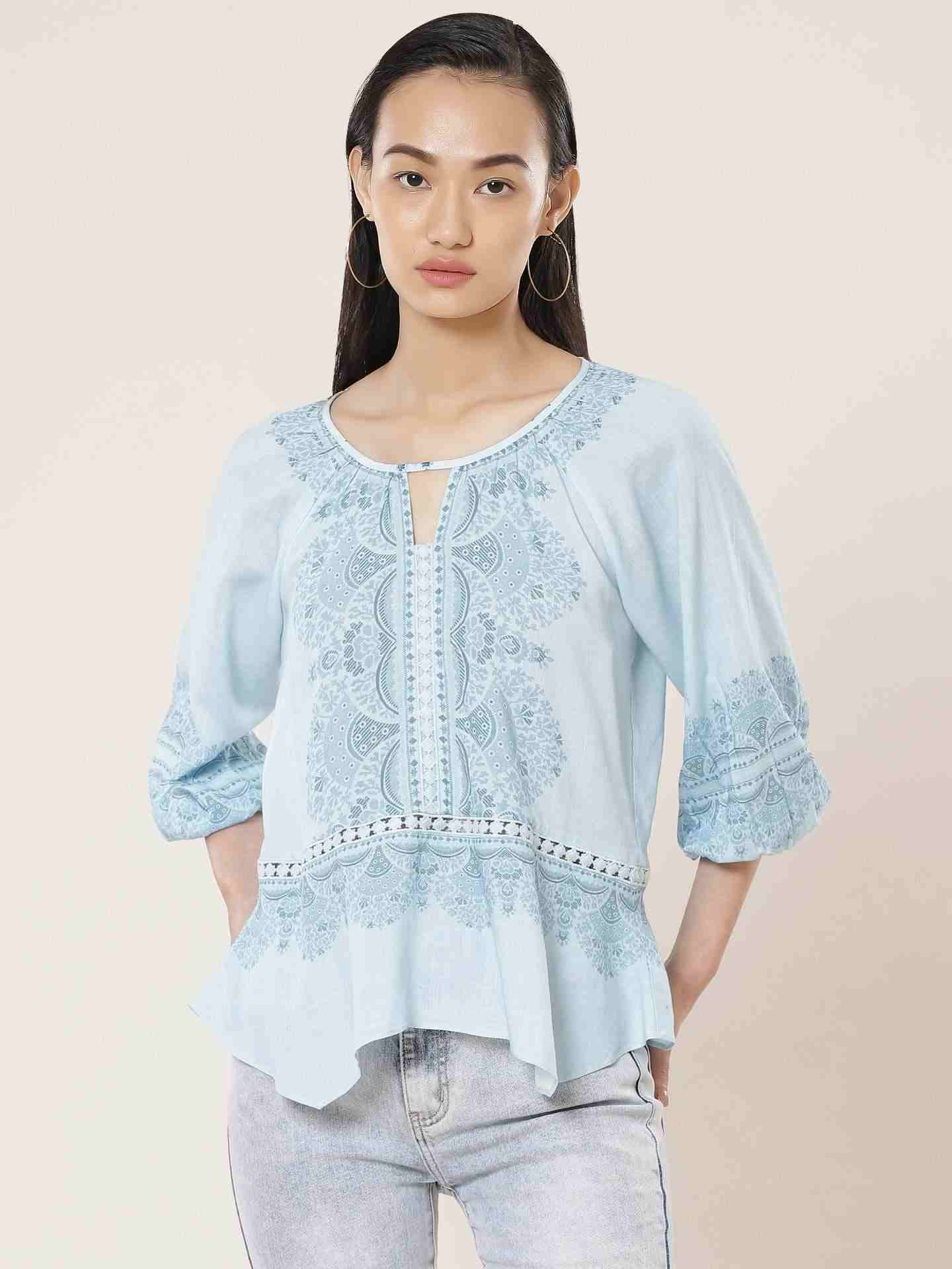 Powder Blue Florero Peasant Top