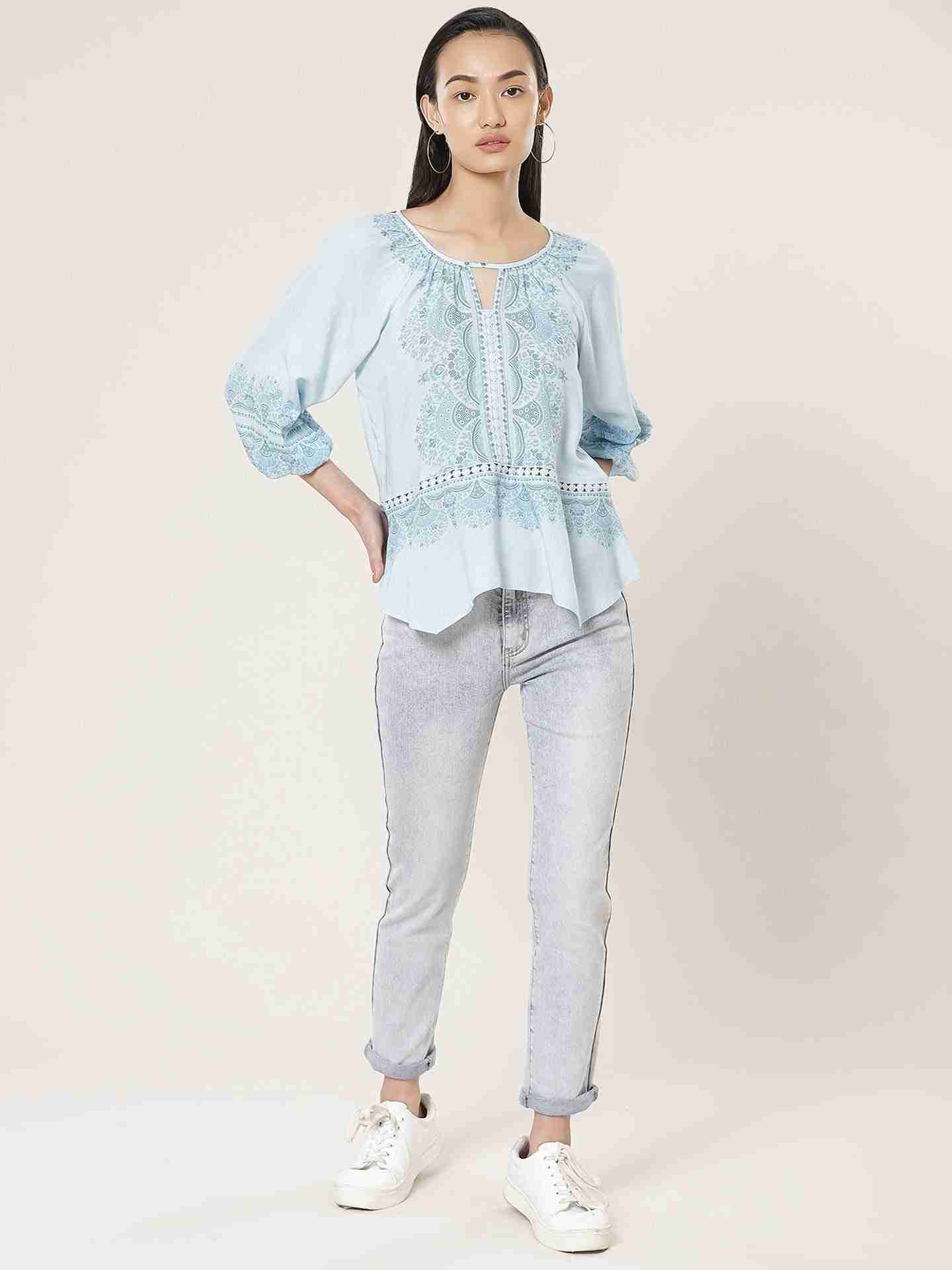 Powder Blue Florero Peasant Top