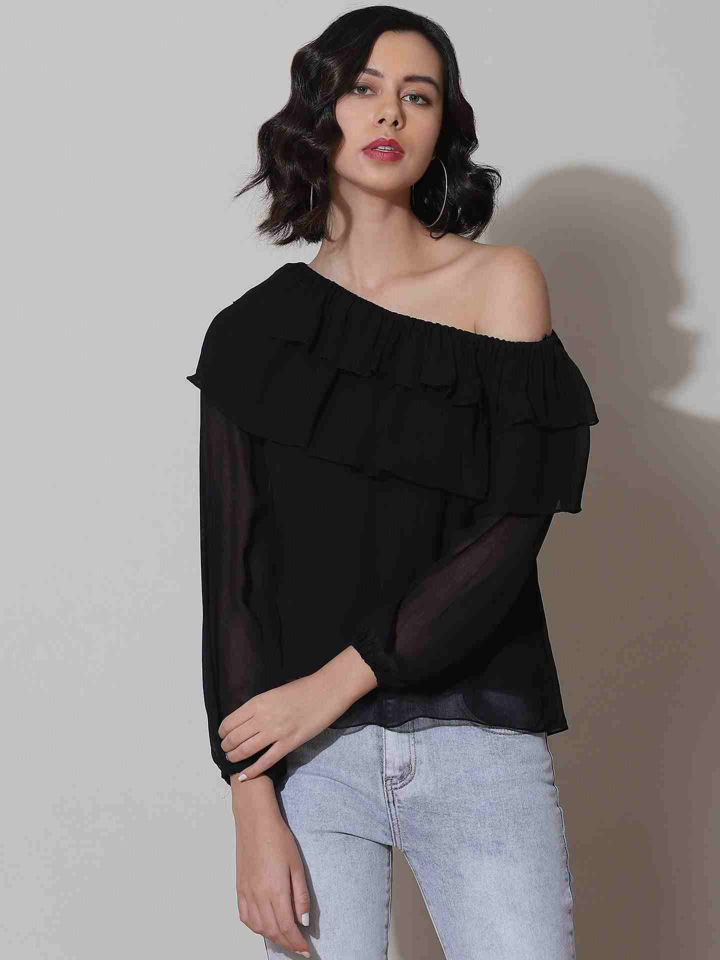 Black Fashion Flair Cold-Shoulder Top