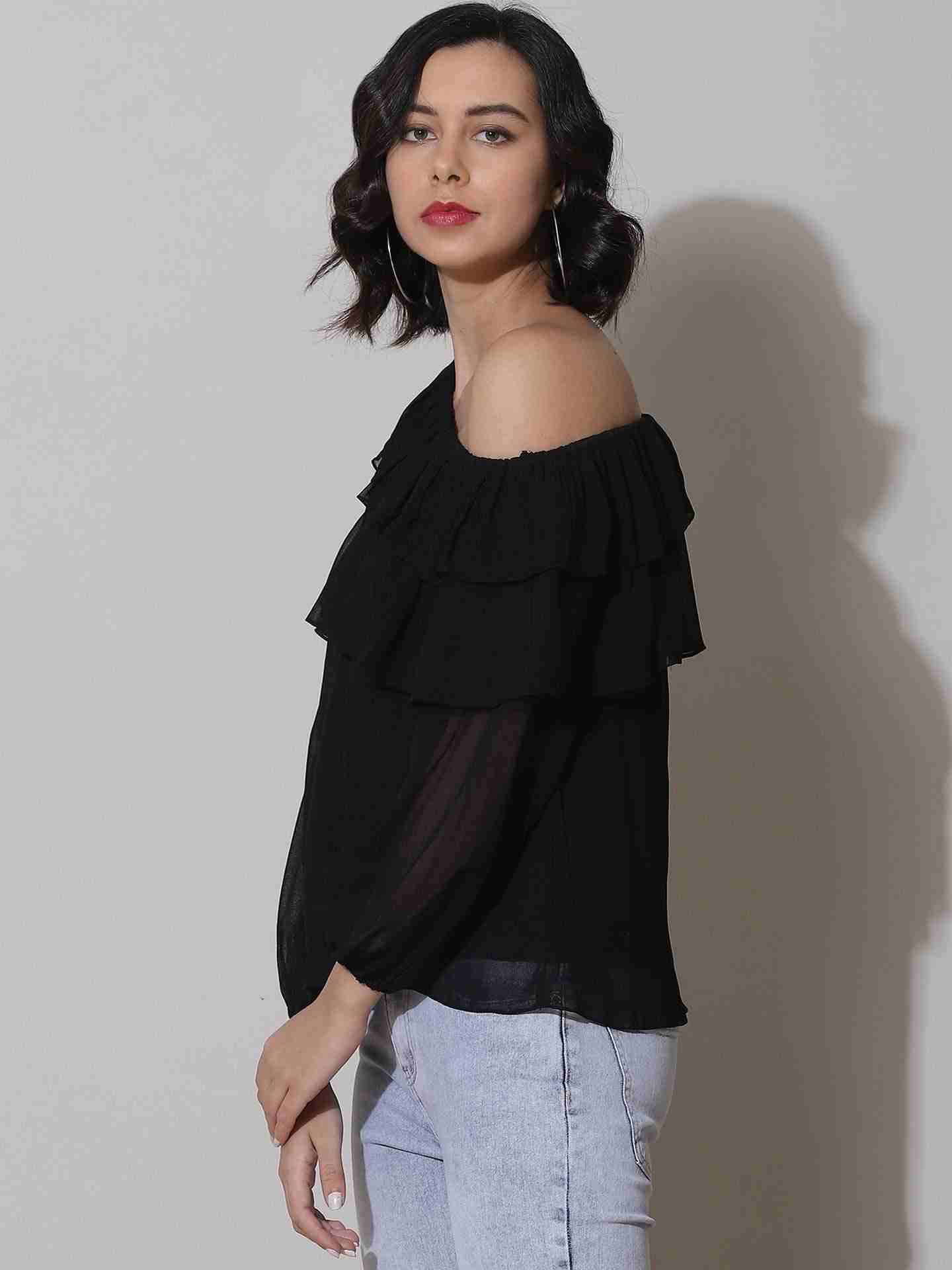 Black Fashion Flair Cold-Shoulder Top