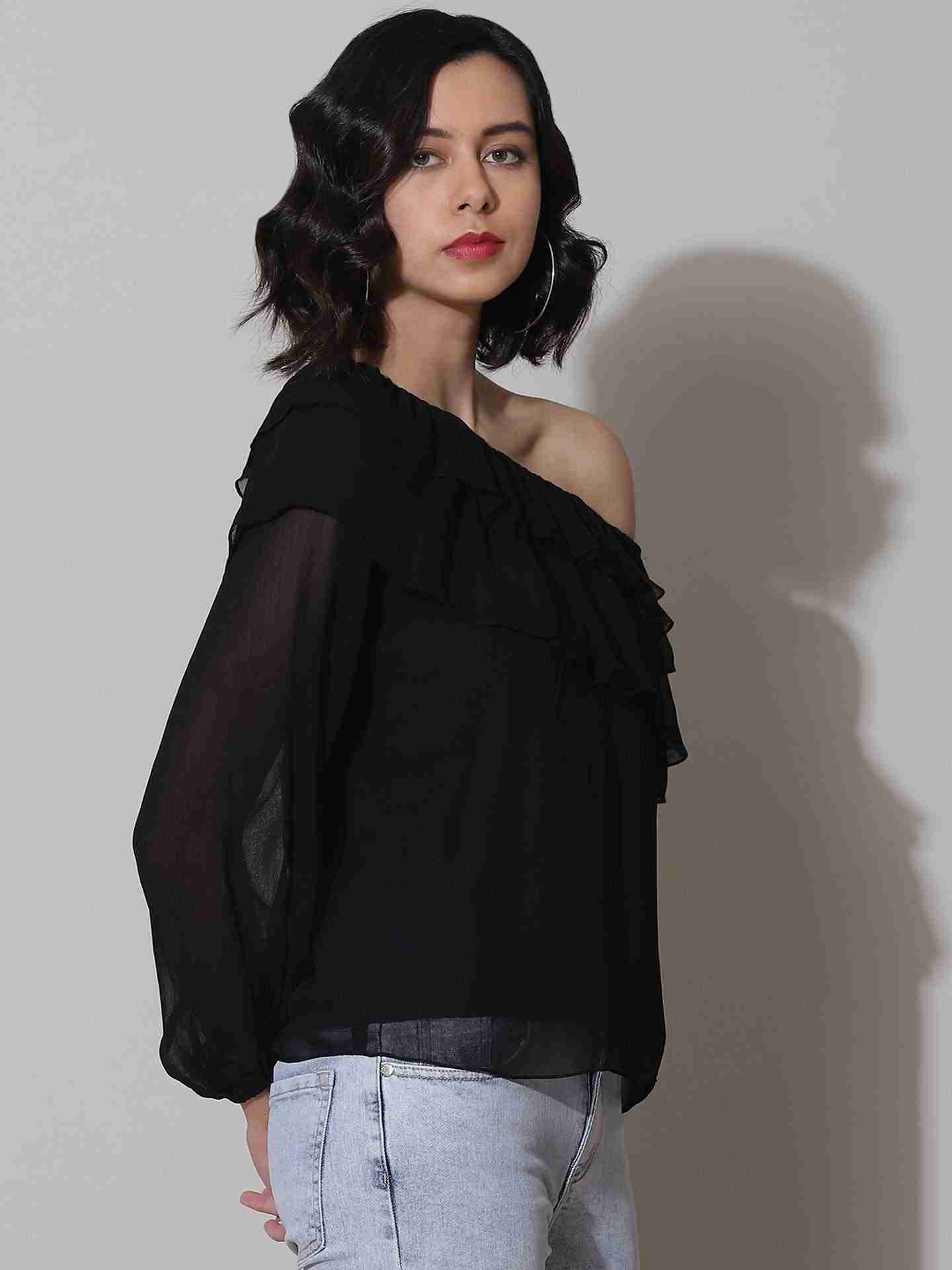 Black Fashion Flair Cold-Shoulder Top