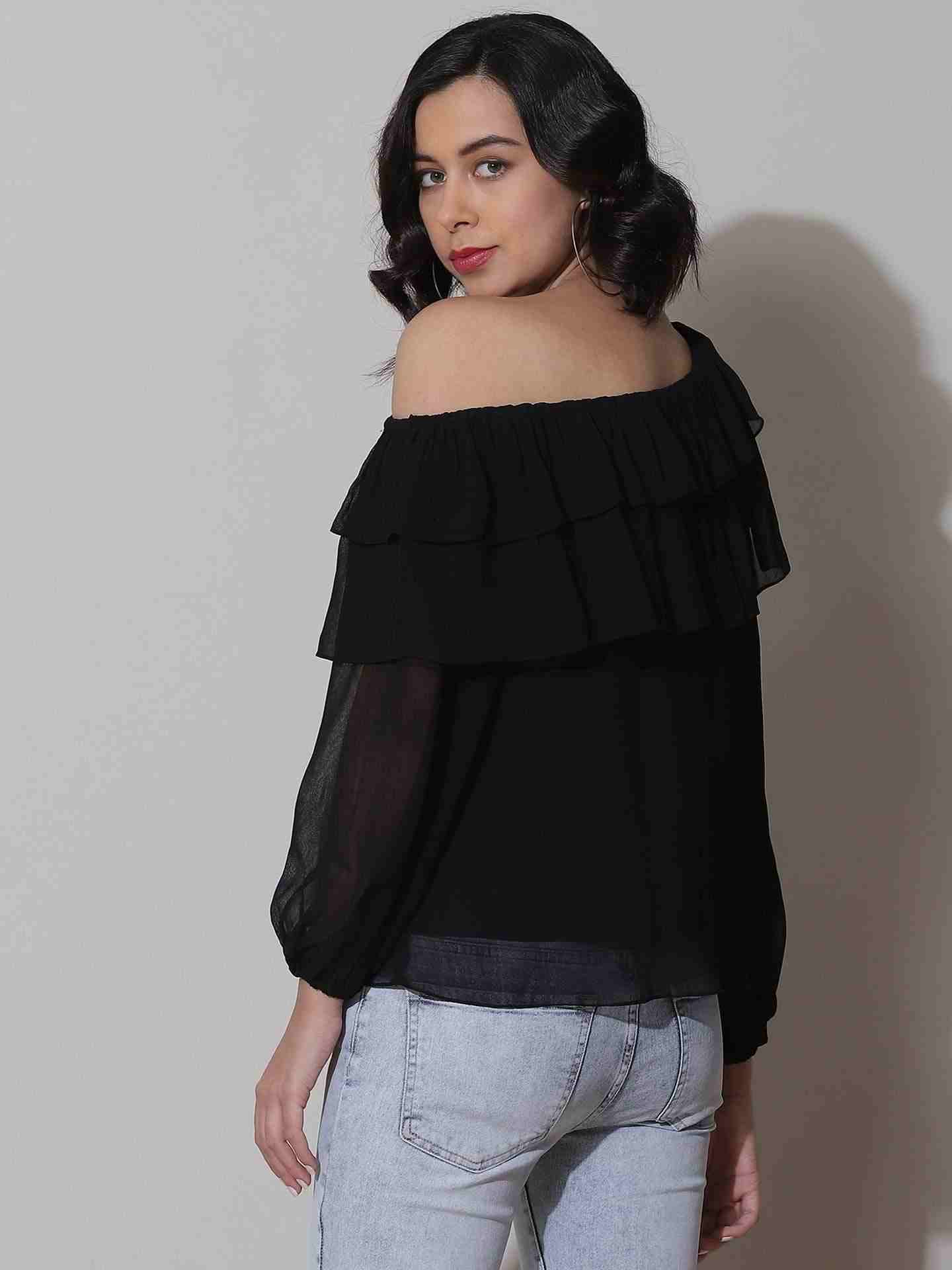 Black Fashion Flair Cold-Shoulder Top