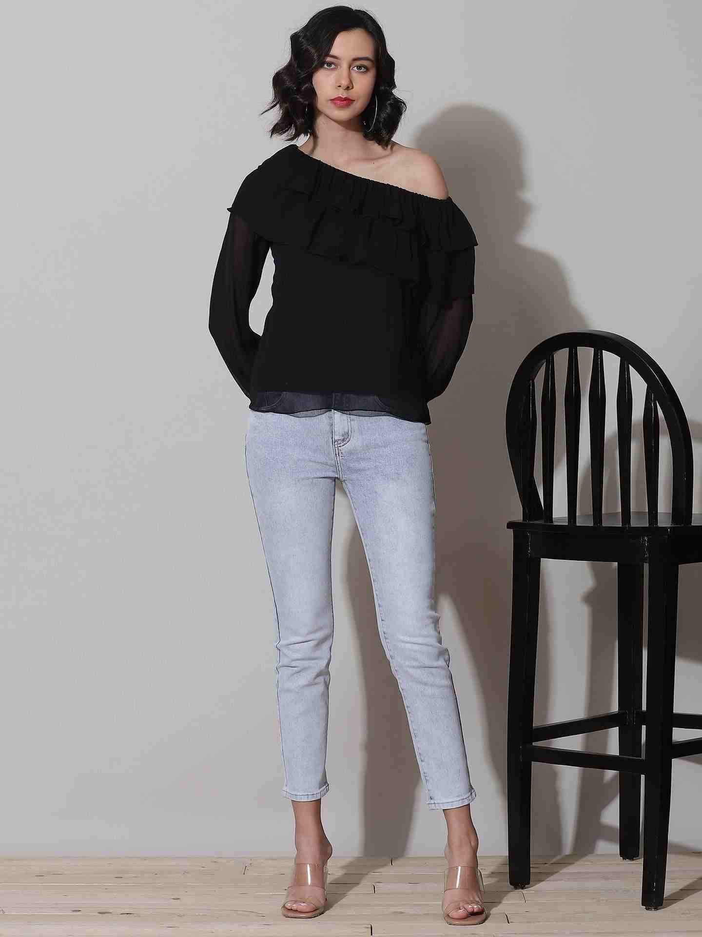 Black Fashion Flair Cold-Shoulder Top