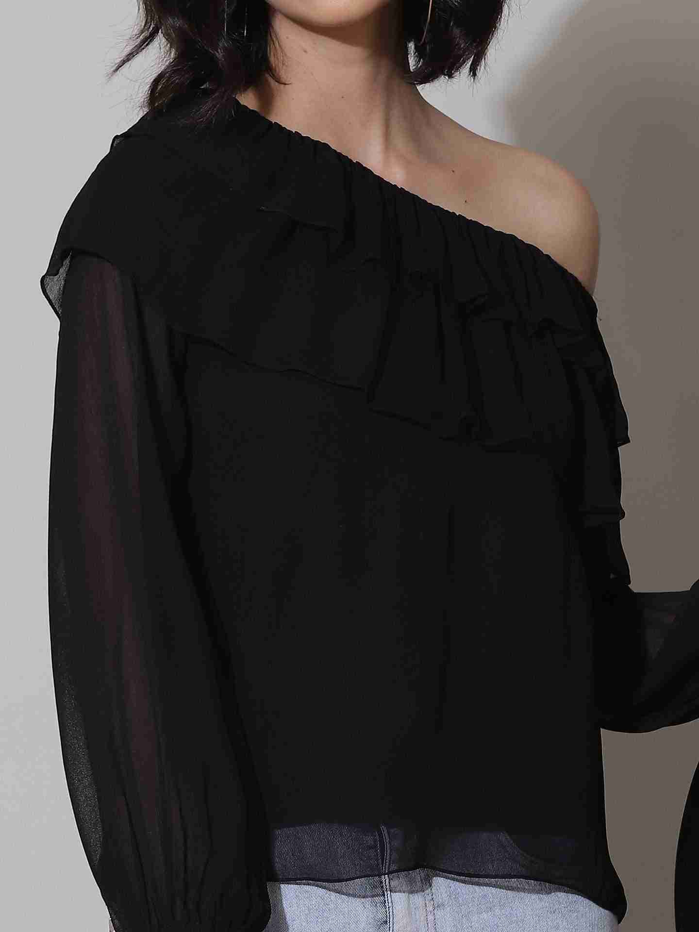 Black Fashion Flair Cold-Shoulder Top