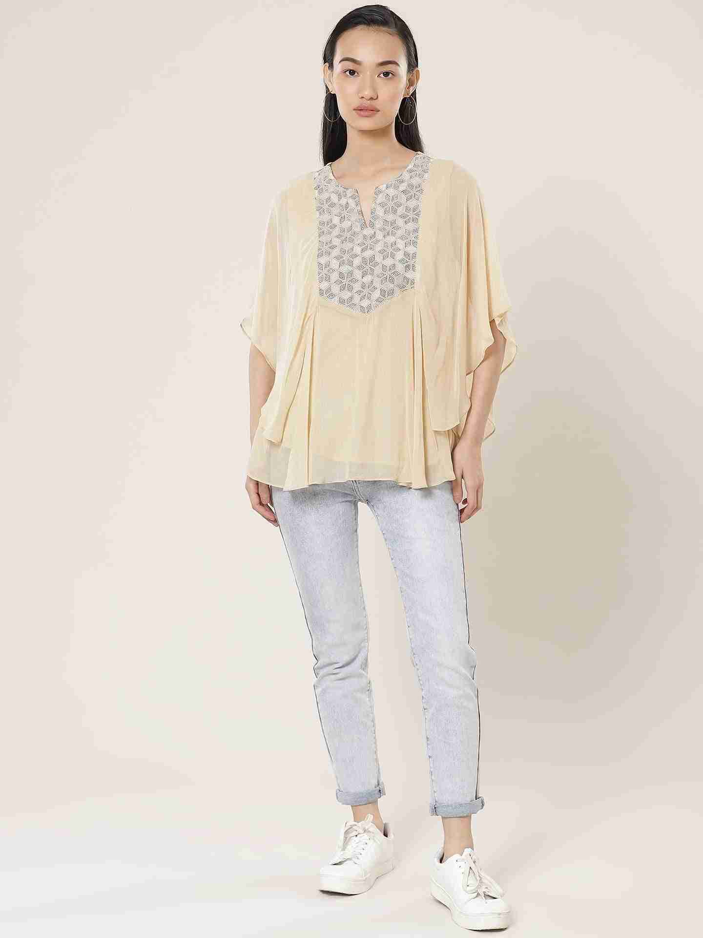 Beige Optical Illusion Kaftan Top