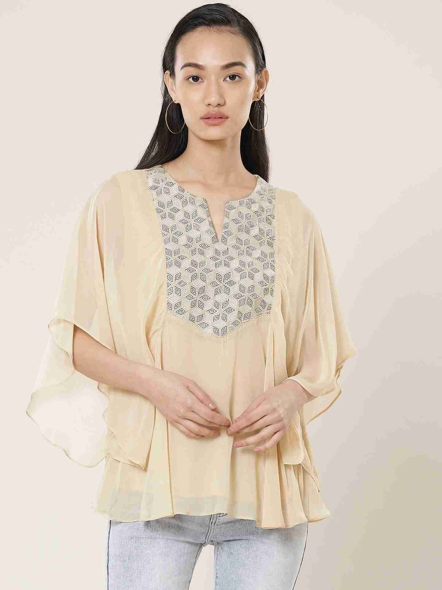 Beige Optical Illusion Kaftan Top